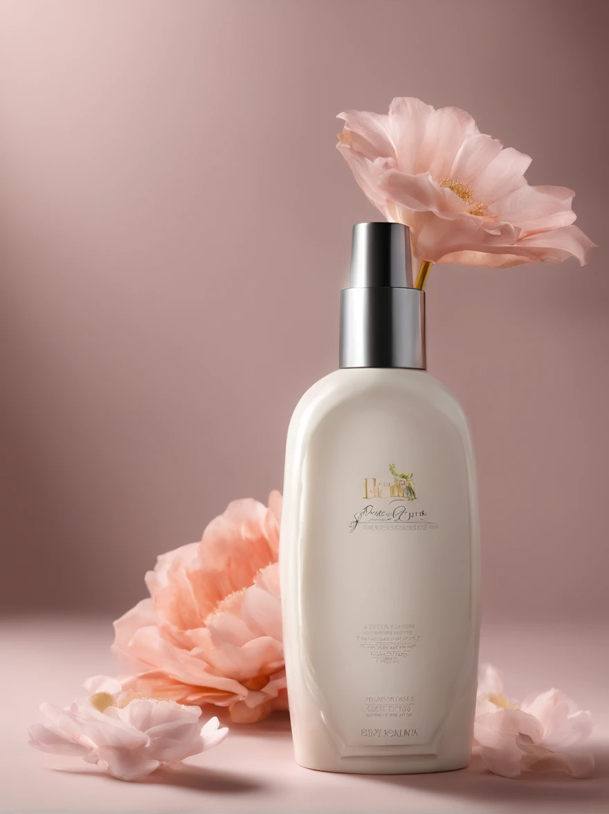 A bottle of body lotion surrounded by some flowers，In Provía、Ryky style photo，Textured、RTX is on、Environmentally friendly，Elegant curves