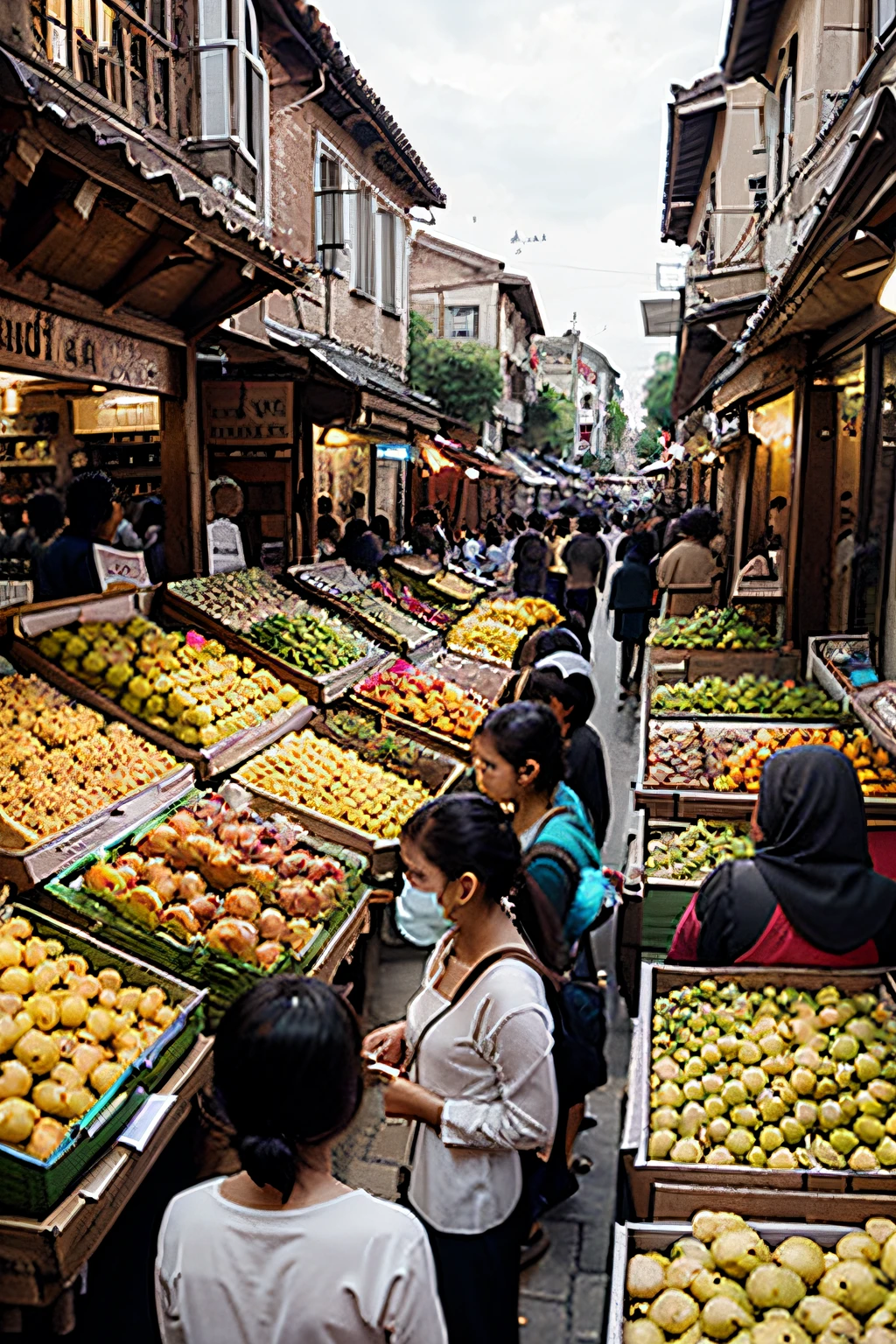 bustling village with crowd in market