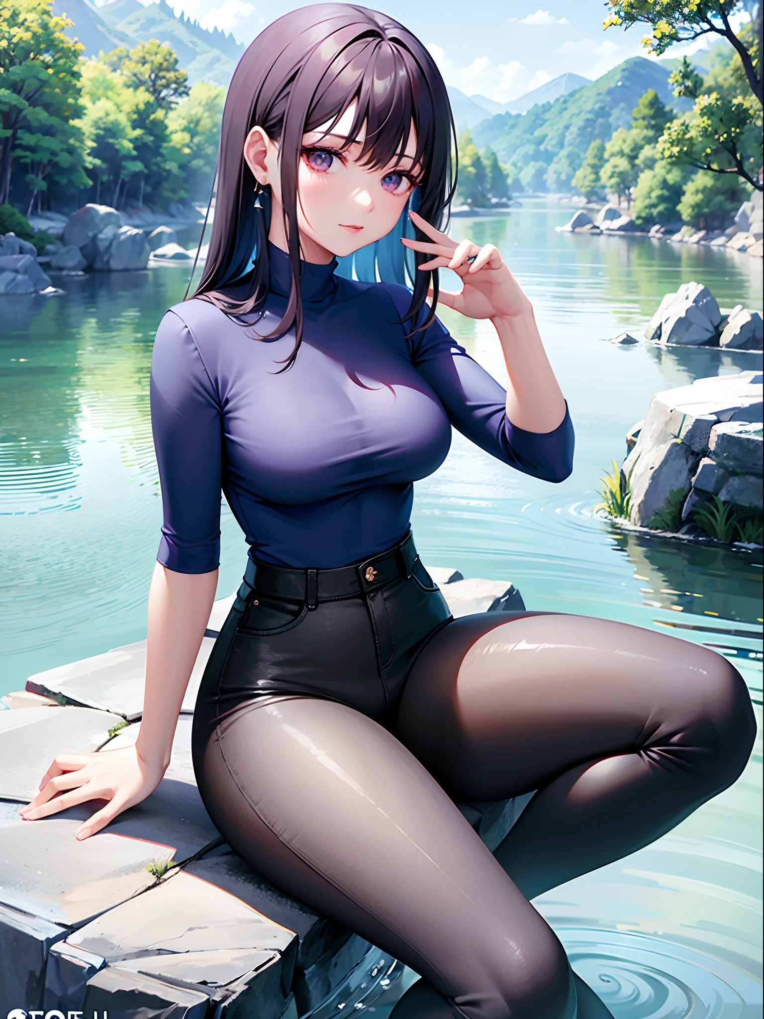 absurdres, 1girl, glasses, lingerie, seductive smile, leroute, hunter x hunter, pantyhose, no shoes, black turtleneck, short mini skirt, big breasts, no shoes, full body view, feet in view, sitting on blanket, outdoors, Central Park