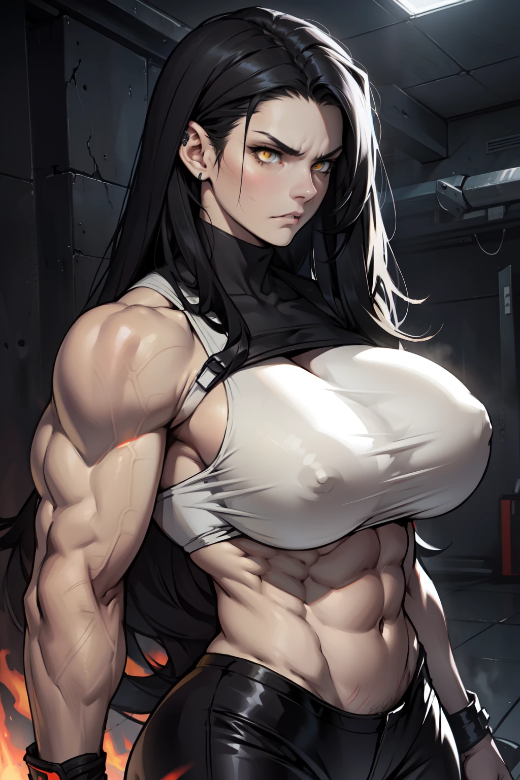 huge tits 1girl black hair yellow eyes very long hair pale skin angry (((muscular))) dark atmosphere foggy