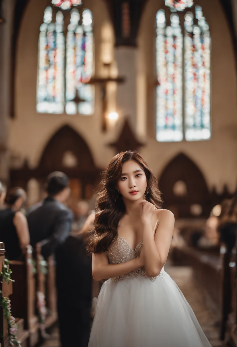 /whole body photoshoot of a k-pop girl at a church, revealing chest, revealing thighs, symmetrical eye, highly detailed eye, young face, cute, adorable, wavy hair, ear show, symmetrically beautiful small face, victoria's secret, sharp jaw, looking at the camera, 8k, camera flash,