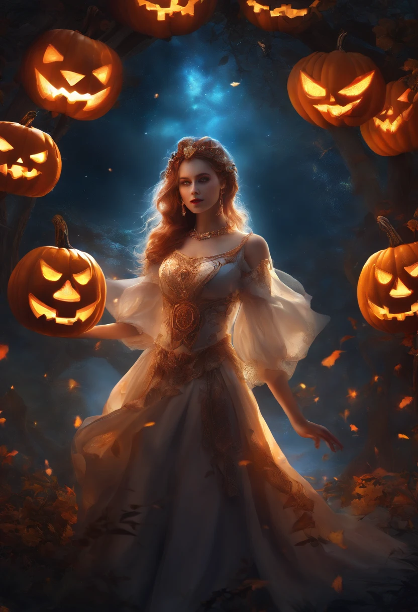 Cosmic Fallen Shrine Maiden and Jack-o-lantern, Bright and clear eyes, Biomechanicals, Strangely, horrid, nightmare, Very bright colors, Light particles, There is bright light, Mshiv, wallpaper art, ultra HD wallpaper