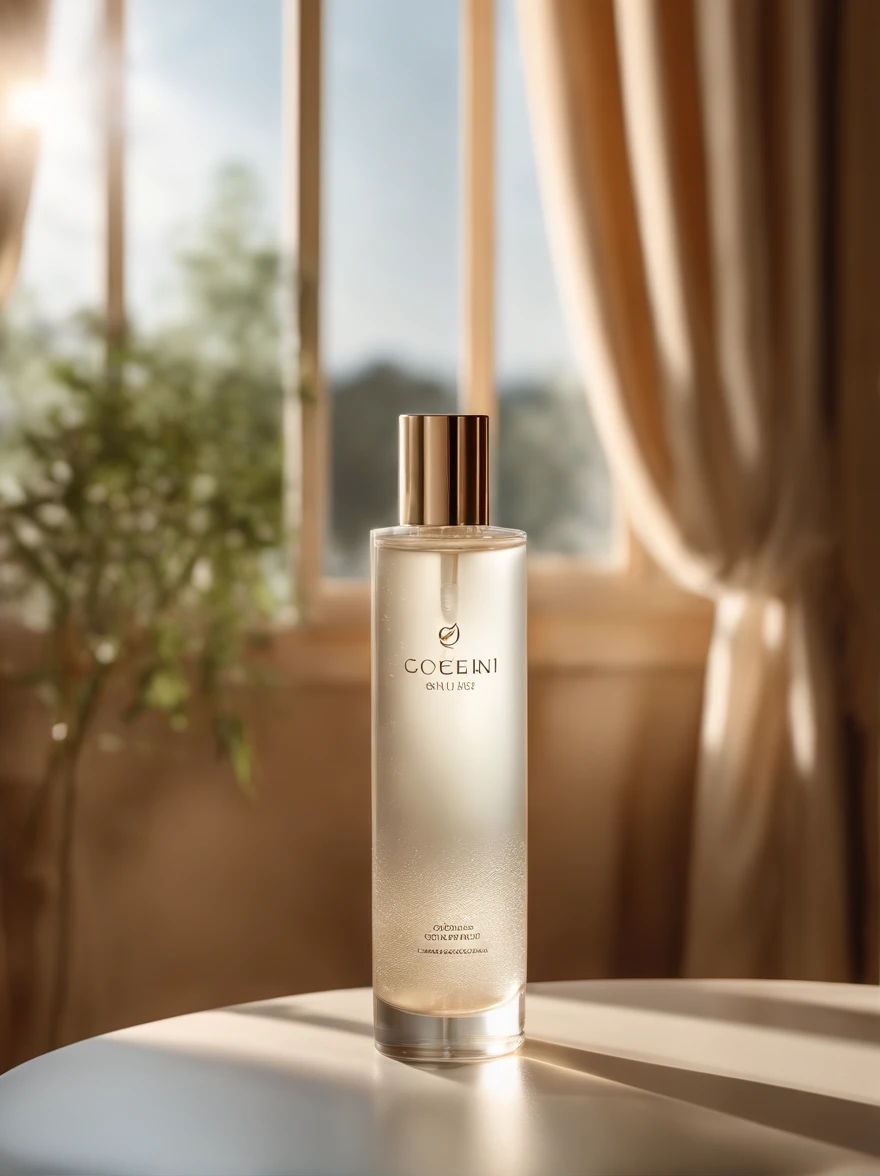 fotografia do produto, Realism, Renderings, A bottle of skincare essence water, Sunlight shines in from the left, The whole scene is shrouded in soft and bright light and shadow, Soft natural light diffuses through the transparent white curtains, Cast soft shadows and highlights, Accentuate fresh tones, Max 3D,C4DUE5, Coronal rendering, Redshift,Octane rendering