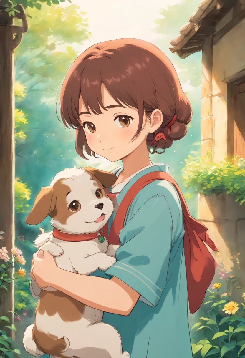 A very cute  girl holding a puppy. The scene should exude an atmosphere of healing and comfort, Probably located in a bright and welcoming environment, It has a soothing background color，to enhance the feeling of soothing. Girls should have a cheerful and loving expression, The puppy should look happy and comfortable in your arms. routine, Images should convey feelings of well-being and love, Resembles a moment of comfort and healing.