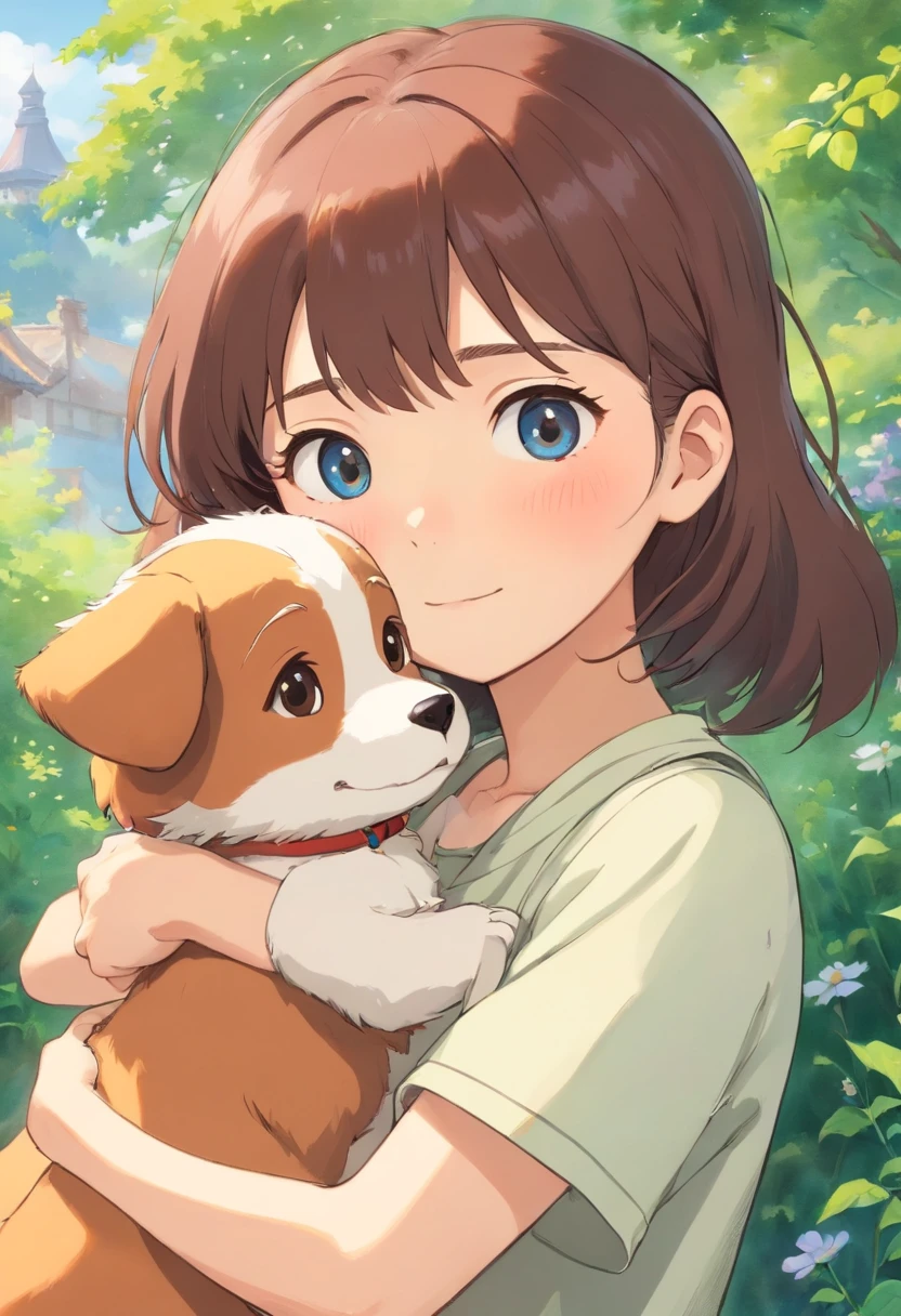 A very cute girl holding a puppy. The scene should exude an atmosphere of healing and comfort, Probably located in a bright and welcoming environment, It has a soothing background color,to enhance the feeling of soothing. Girls should have a cheerful and loving expression, The puppy should look happy and comfortable in your arms. routine, Images should convey feelings of well-being and love, Resembles a moment of comfort and healing.