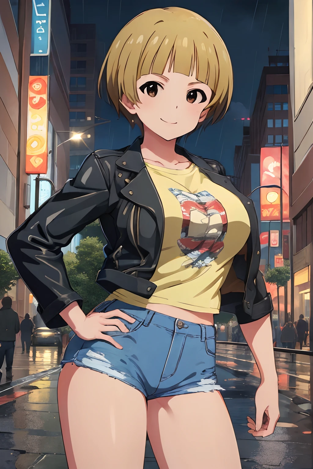 (masterpiece, best quality:1.4), noriko fukuda, large breasts, short hair, shirt, smile,leather jacket,short shorts,rainy night in the city,