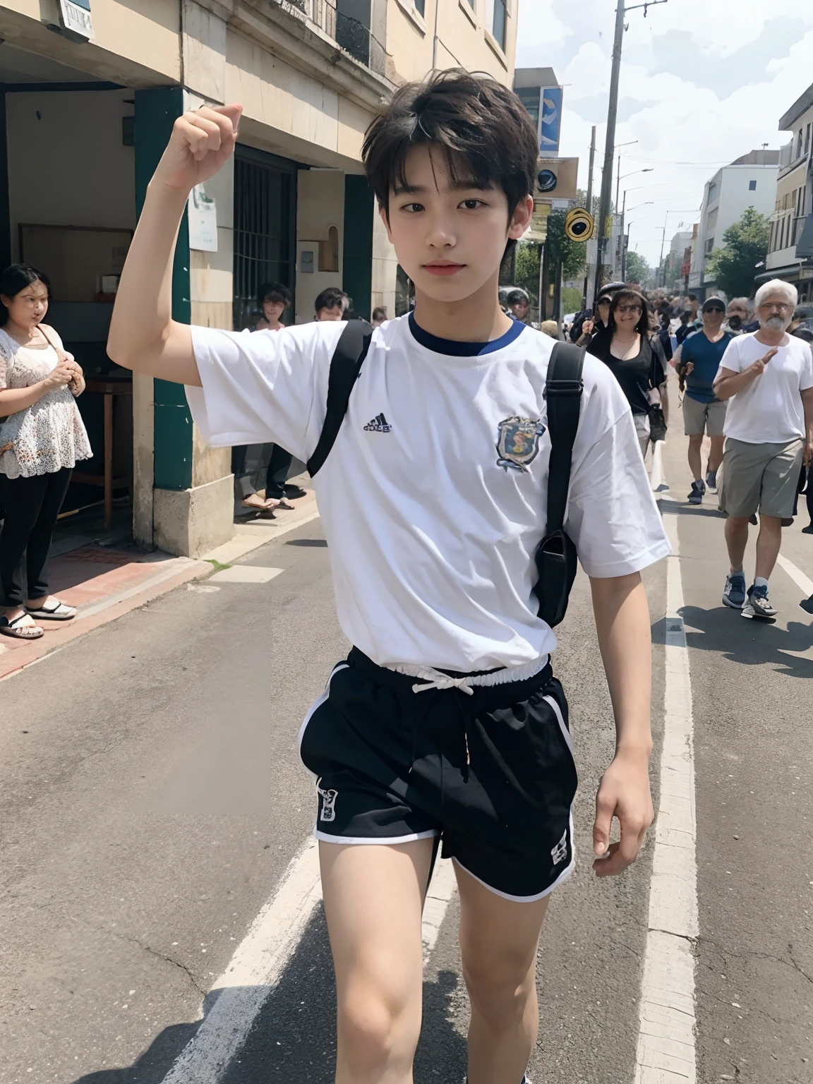A Chinese boy,short detailed hair,Comely,Tall guy,Idol face,athletic sneakers,sporty attire,wears glasses,23years old,Is dating a Chinese girl