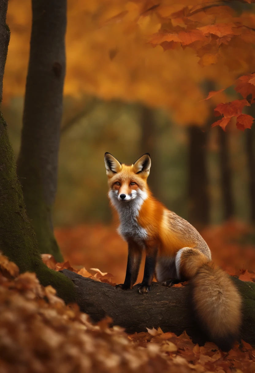 (best quality,4k,8k,highres,masterpiece:1.2),ultra-detailed,(realistic,photorealistic,photo-realistic:1.37),colorful autumn scene,lonely fox,cute fox,autumn forest,fox laying under a bunch of maple leaf,hiding fox,root of a tree,rainy day,serene atmosphere,maple trees,fall foliage,beautifully colored fox,dark green and orange leaves,peaceful environment,natural lighting,soft raindrops,leaves on the ground,gentle mist,flickering sunlight through the trees,majestic tree trunks,quiet solitude,magical atmosphere