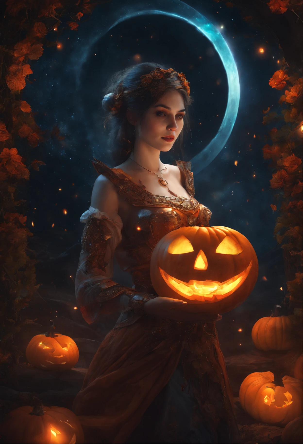 best quality, 32k, RAW photo, incredibly absurdres, extremely detailed, artwork, pumpkins carved in a goddess, dark background, light up, delicate, flashy and dynamic depiction