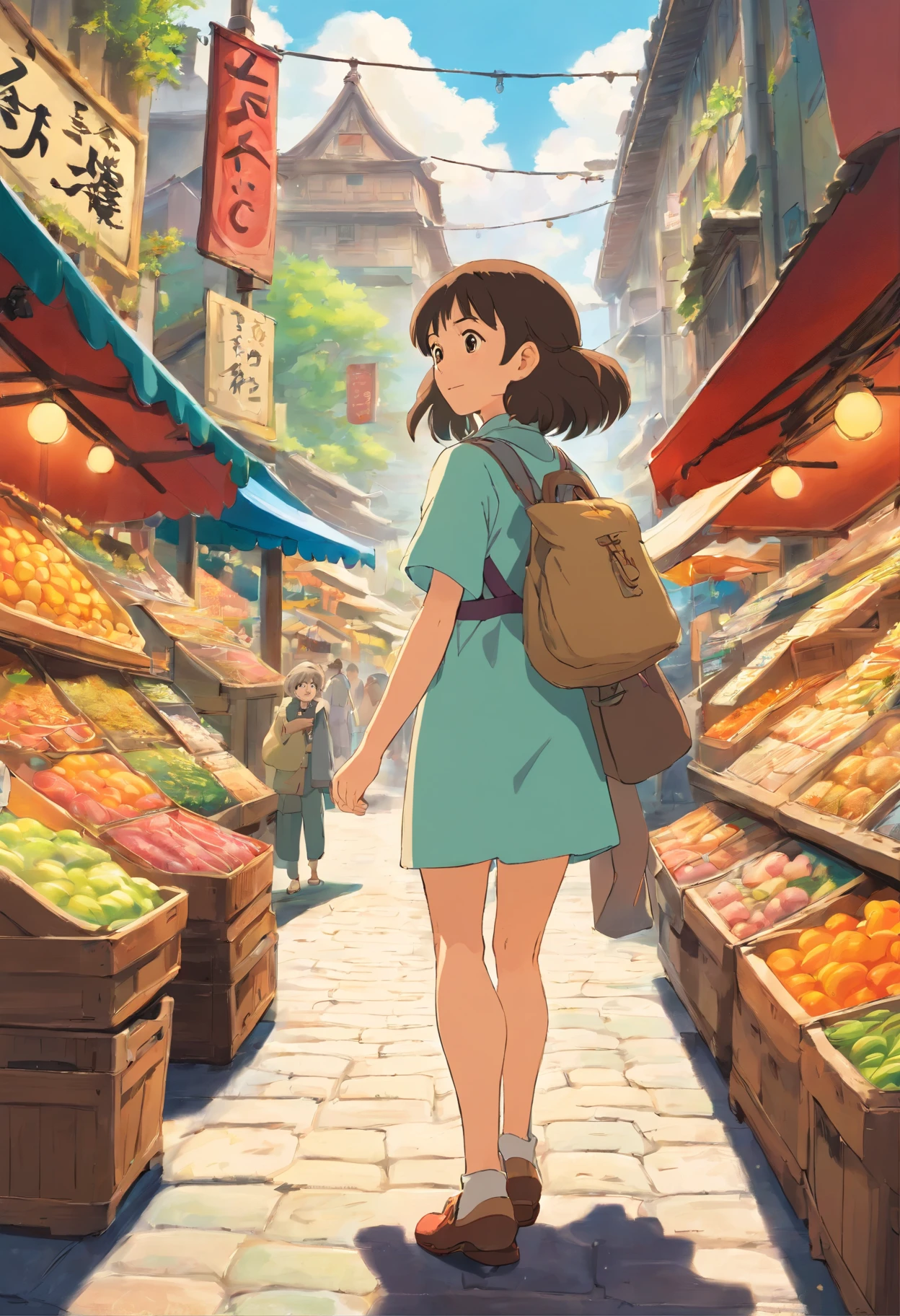 A girl holding a map walk in the market