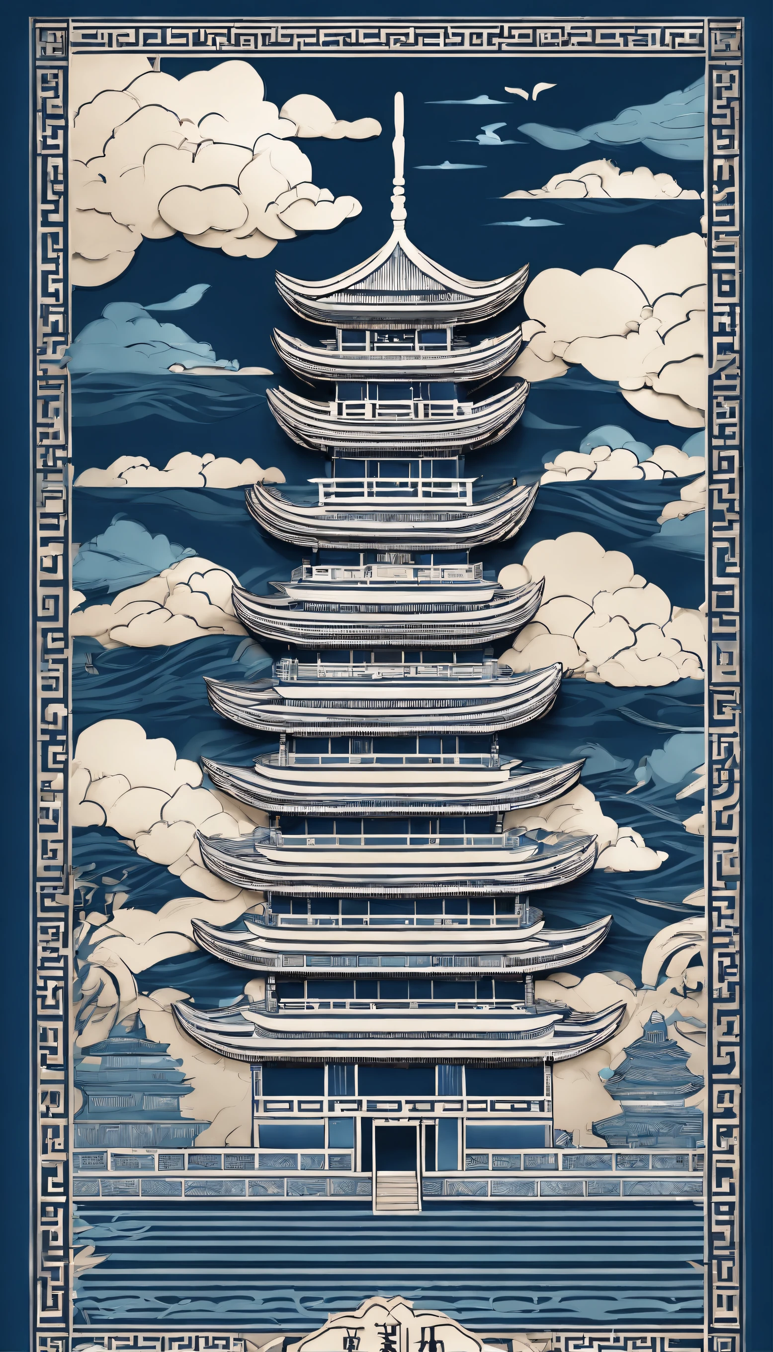 Chinese illustration on blue background, Auspicious clouds, 16k, 。...。.3D, Sam, saw, Many Chinese buildings, ,gardens,mountain water,Sea of Clouds,Multi-dimensional paper filling, Composition of the tunnel, warm lights, hyper HD, Elevation perspective,Ultra photo realsisim, Dragons fly in the sky，morandi color, exquisitedetails, A. General view, Epic detail