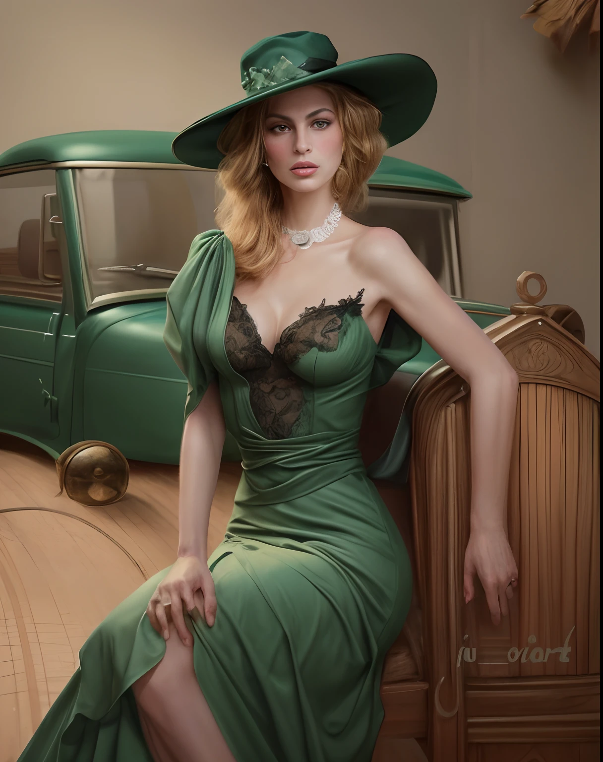 Eine realistisch Farbfotographie einer Frau (Eva Mendes:0.8), who wears a hat and a dress, gorgeous woman, gorgeous woman, Woman wearing a green shirt with beautiful trim, das Hemd hat einen sehr tiefen Ausschnitt, the woman has a sensual seductive look, 8k hochwertige detaillierte Kunst, Detaillierte Frau, lindo pintura digital, Digitale Kunst eines eleganten, gorgeous