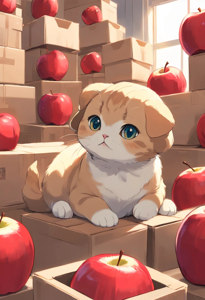 A Scottish Fold cat, Sit among boxes of red apples..