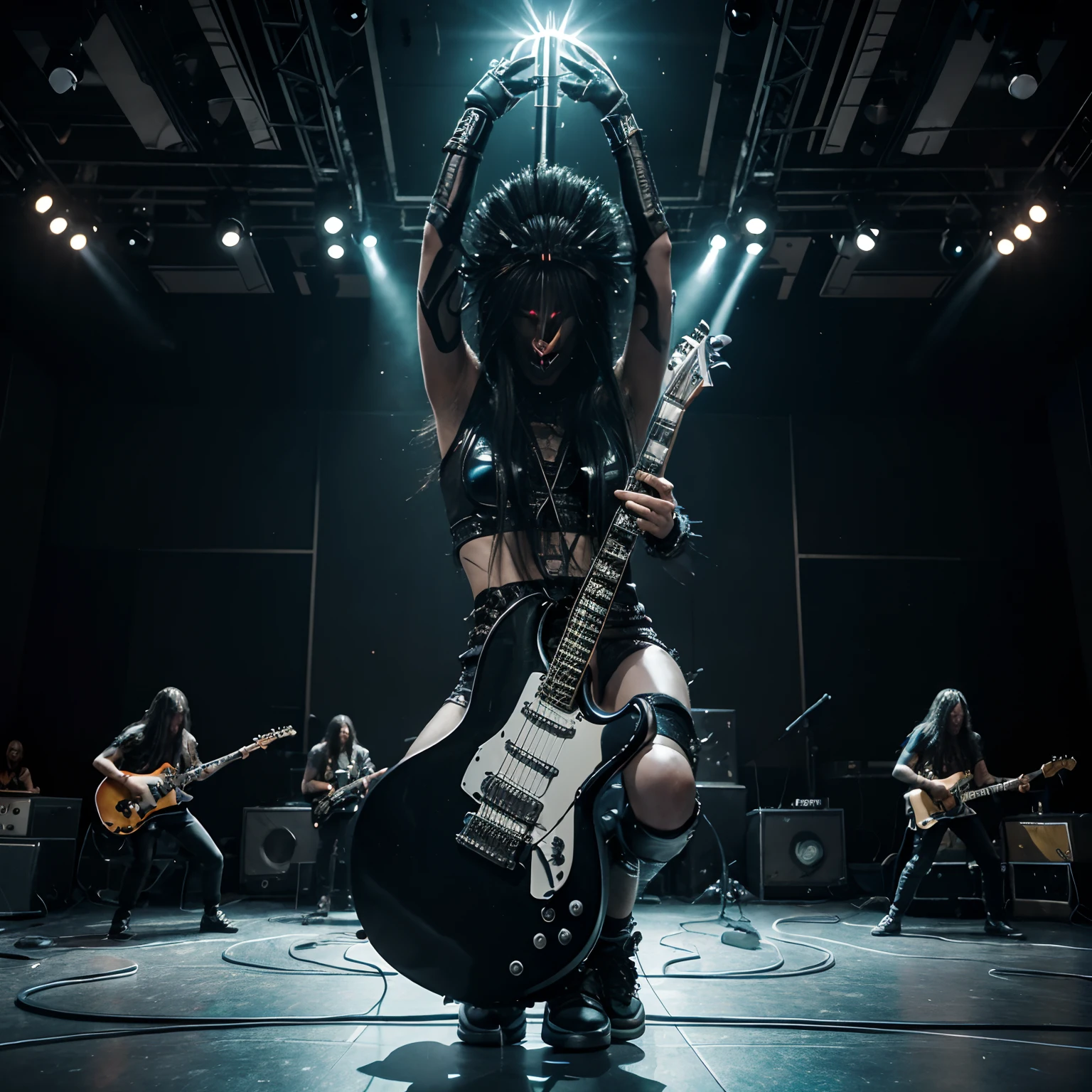 Prompt: "Generate an AI art piece depicting aliens rocking out in a heavy metal band. Show the extraterrestrial band members playing electric guitars, drums, and singing on a futuristic alien stage with a crowd of other aliens headbanging and enjoying the music. Capture the energy and intensity of the performance, random”