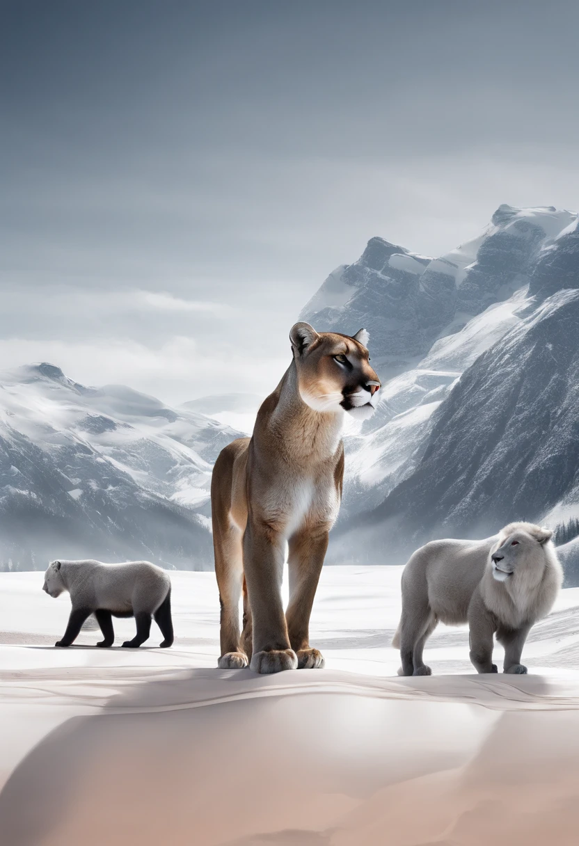 Mountain Lion, standing next to a Ram, Standing next to a Bear, Standing next to a cougar, standing next to a Donkey.