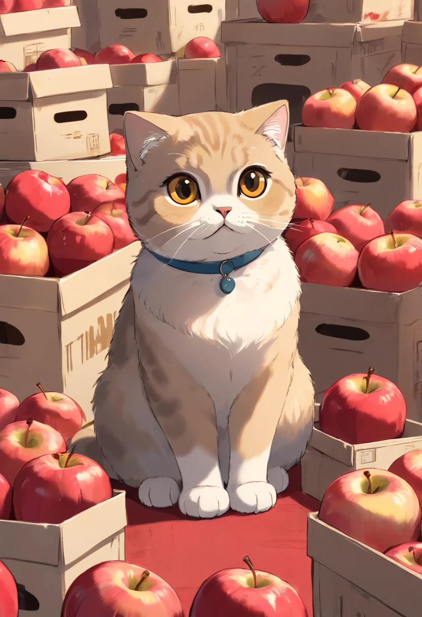 A Scottish Fold cat, Sit among boxes of red apples..