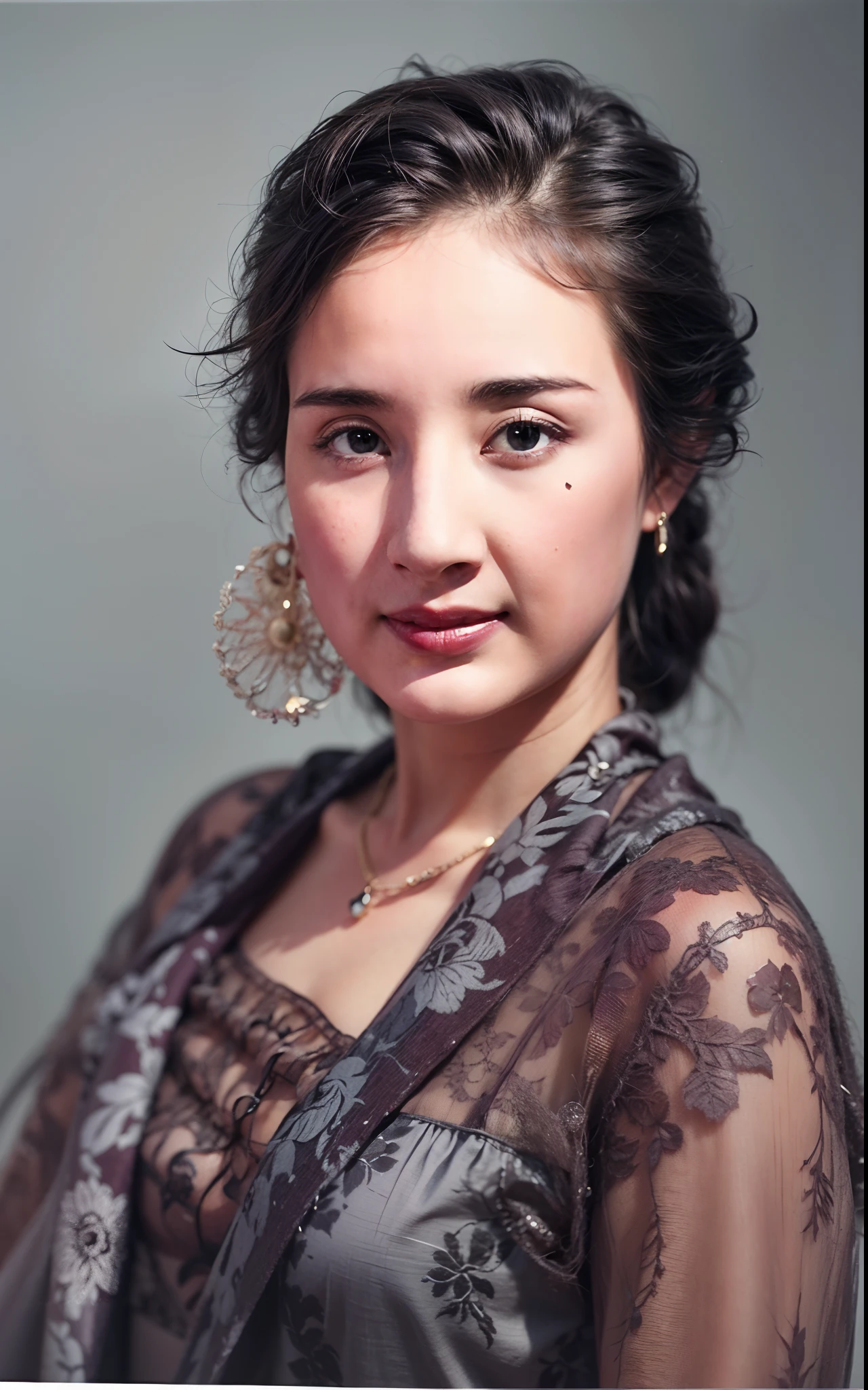 arafed woman in a purple dress with large earrings and a necklace, old color photograph, old color photo, color studio portrait, vintage color photo, color portrait, a colorized photo, hand - tinted, photo in color, coloured photo, colored photo, restored color, colorized photo, restored photo, colour portrait photograph, full color photograph, 3 5 mm portrait, colorized, 8k portrait, detailed intricate fabric texture, (charcoal black theme:1.3), spiral patterns, body freckles, bright, high quality image, masterpiece, detailed hair texture, detailed skin texture, detailed cloth texture, 8k, add fabric details, ultra detailed skin texture, ultra detailed photo, skin pores, cloth details, high skin details, realistic hair details, (8K, RAW photo, best quality, masterpiece:1.2), (realistic, photo-realistic:1.4), ultra-detailed (grainy:0.2)
