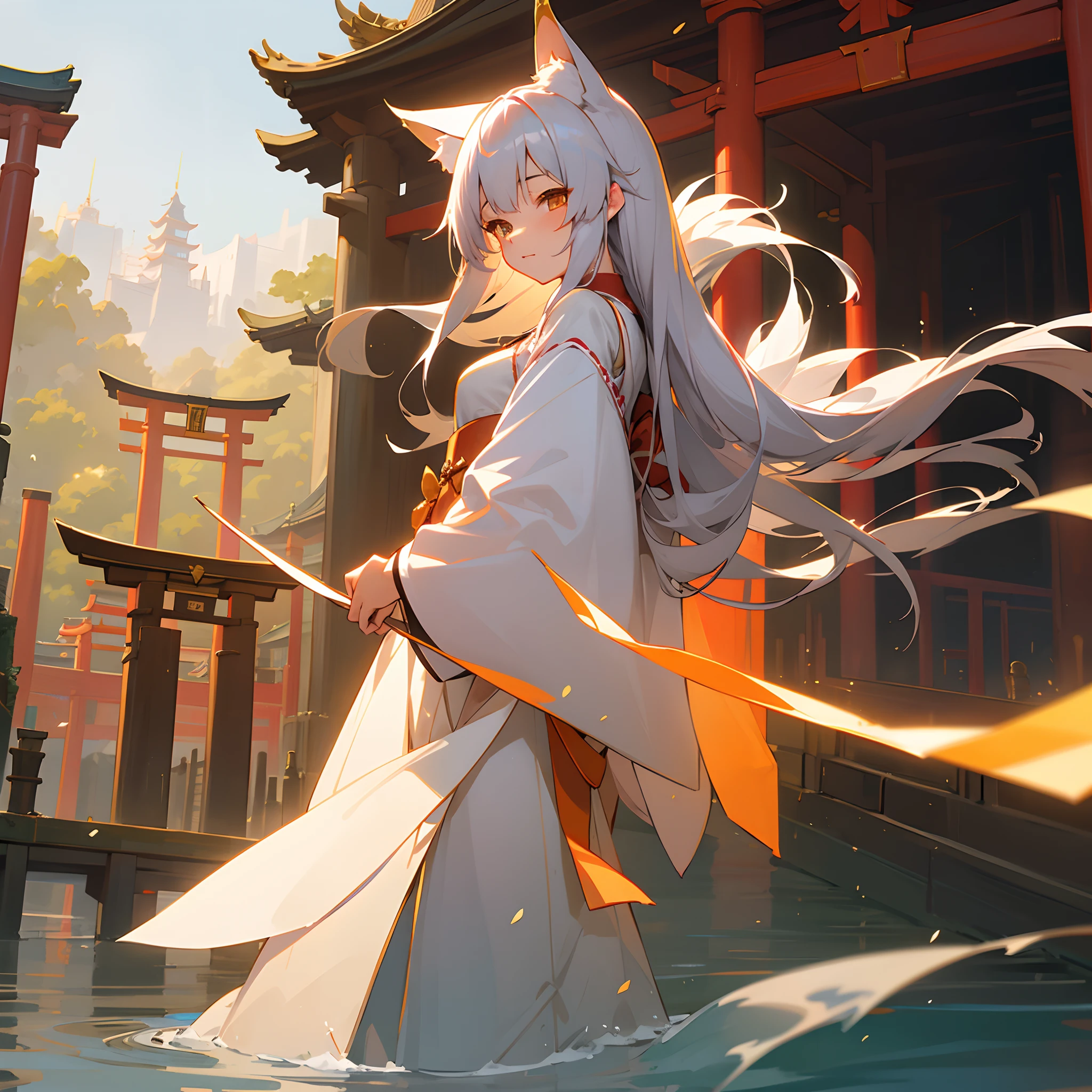masterpiece best quality mid night Fox-eared beauty Cute girl with silver hair Priestess clothing torii gate Fantastical Mystical Wonderland Taiko Bridge in the city of Kyoto a river The Afterlife and This World The Fox Angel Cute fox Giant Fox