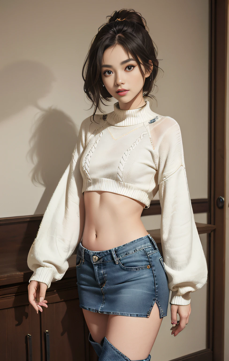 high quarity，detail，Bare belly，Natural and authentic，、((wide open abdomen))、((open abdomen))、((wide open navel))、((open navel))、((Mid-Riff Sweater))、((Ultra-low rise、Denim Mini Skirt))、((Navel Ejection))、((small hips))、((long limbs))、((Full body depiction))、((A slender))、((small  hip))、(Ultra-low rise))、((Denim Mini Skirt))、((is standing))、((boots))