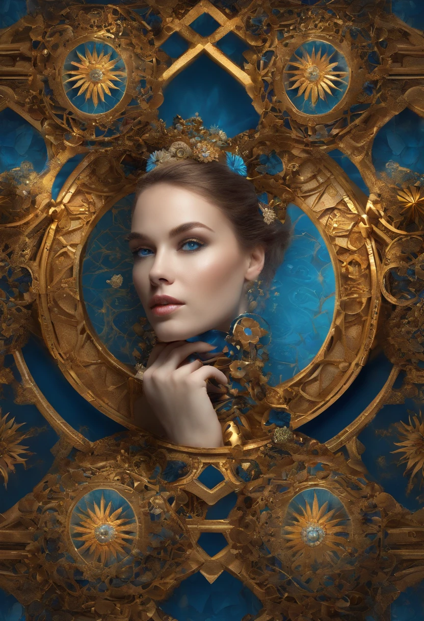 Absurd, high-res, ultra-detail, (1girll:1.3), Steampunk Fantasy Series , optical illusion, Fractal format, Geometric shapes, dynamic, brightly colored, (floral, petals), (Blue & gold:1),
