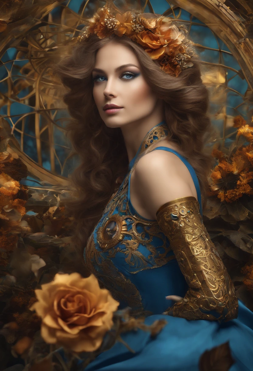 Absurd, high-res, ultra-detail, (1girll:1.3), Steampunk Fantasy Series , optical illusion, Fractal format, Geometric shapes, dynamic, brightly colored, (floral, petals), (Blue & gold:1),