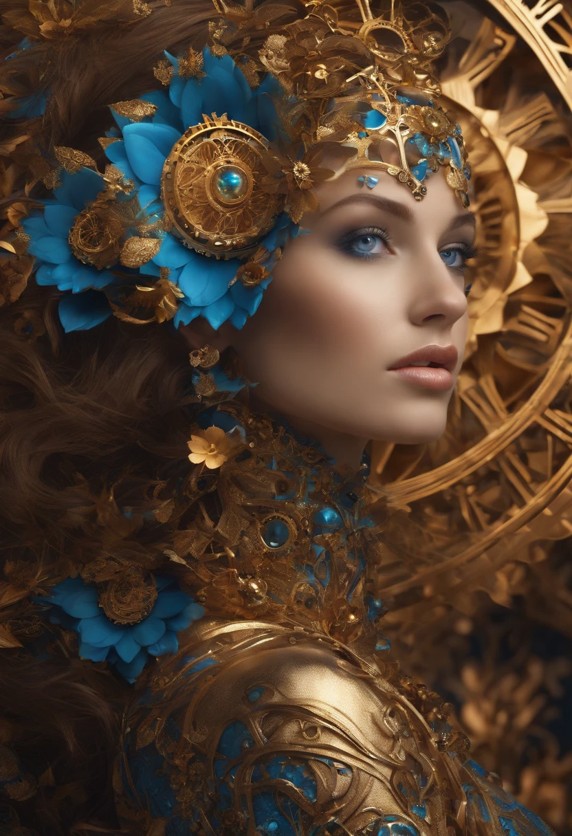 Absurd, high-res, ultra-detail, (1girll:1.3), Steampunk Fantasy Series , optical illusion, Fractal format, Geometric shapes, dynamic, brightly colored, (floral, petals), (Blue & gold:1),