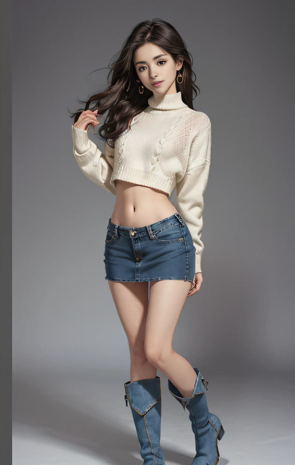 high quarity,detail,Bare belly,Natural and authentic,、((wide open abdomen))、((open abdomen))、((wide open navel))、((open navel))、((Mid-Riff Sweater))、((Ultra-low rise、Denim Mini Skirt))、((Navel Ejection))、((small hips))、((long limbs))、((Full body depiction))、((A slender))、((small hip))、(Ultra-low rise))、((Denim Mini Skirt))、((is standing))、((boots))