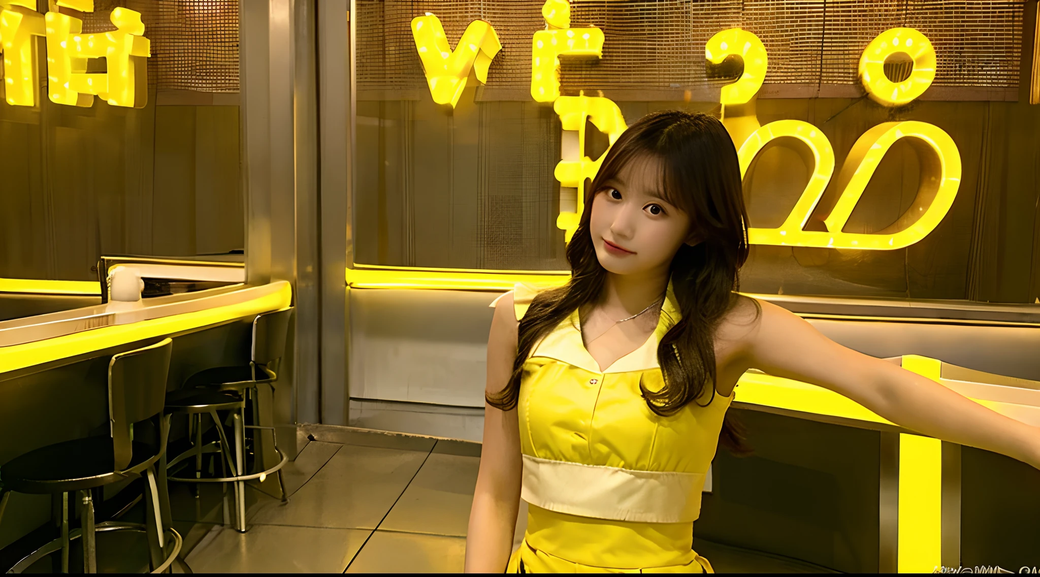 18-year-old waitress in yellow miniskirt
