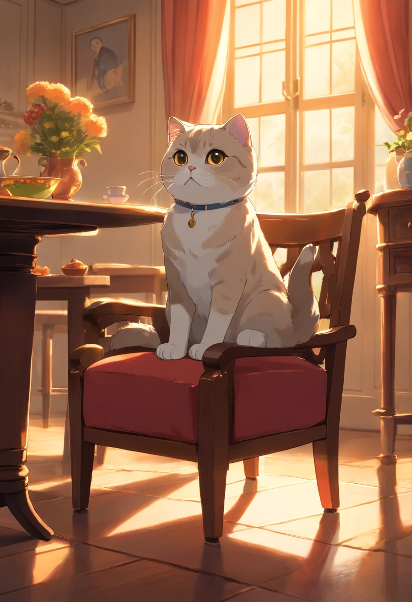 A Scottish Fold cat, Sit in a chair in the dining room, light lighting.