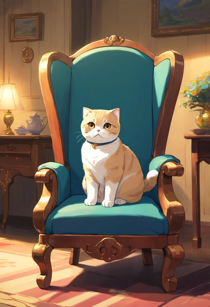 A Scottish Fold cat, Sit in a chair in the dining room, light lighting.