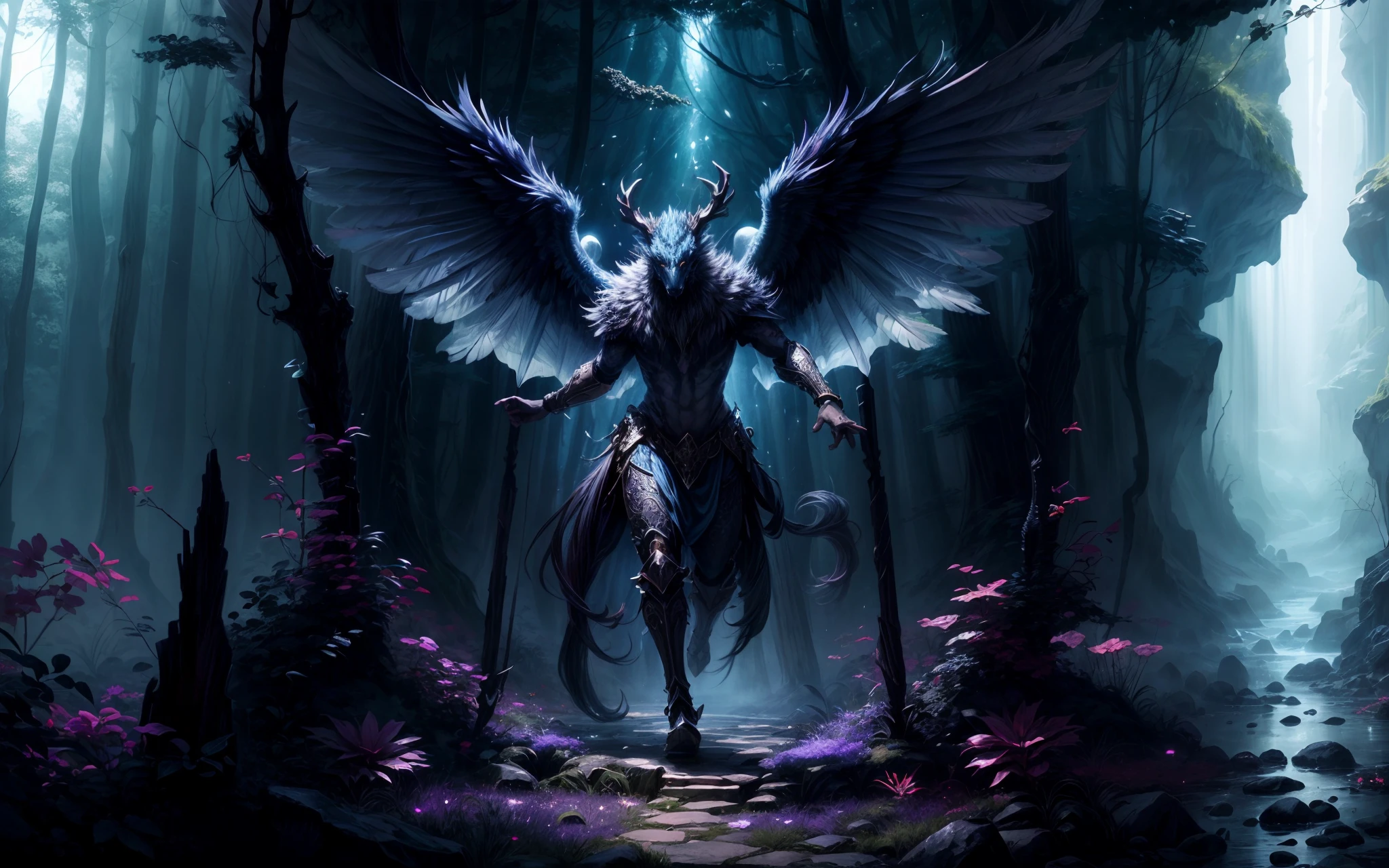(best quality,4k,8k,highres,masterpiece:1.2),ultra-detailed,(realistic,photorealistic,photo-realistic:1.37),fantasy creature,mythical,action-packed,creature with intricate scales and majestic wings,towering over the landscape,fierce eyes and sharp fangs,ethereal glow surrounding the creature,unique and magical,imposing presence,exquisite attention to detail,dynamic pose and movement,stunning and vibrant colors,mystical atmosphere,extraordinary and legendary,with a touch of darkness,powerful and otherworldly,mythical creature in a mystical forest,with intricate patterns and textures,creating a sense of wonder and awe,impressive and majestic presence,vivid and fantastical,soft lighting to enhance the mystical ambiance,impressive wingspan and feathers,blending reality and imagination,creating a sense of mystery and enchantment,Journey into the unknown with this mythical being.