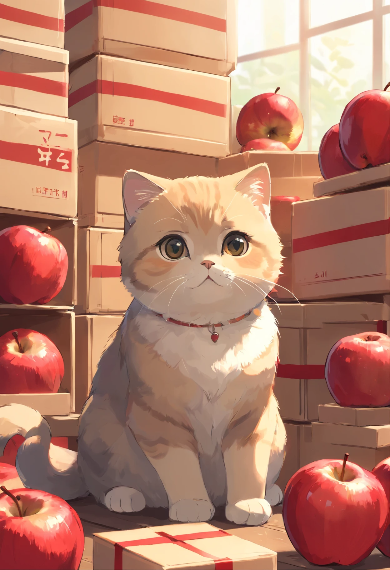 A Scottish Fold cat, Sit among boxes of red apples..