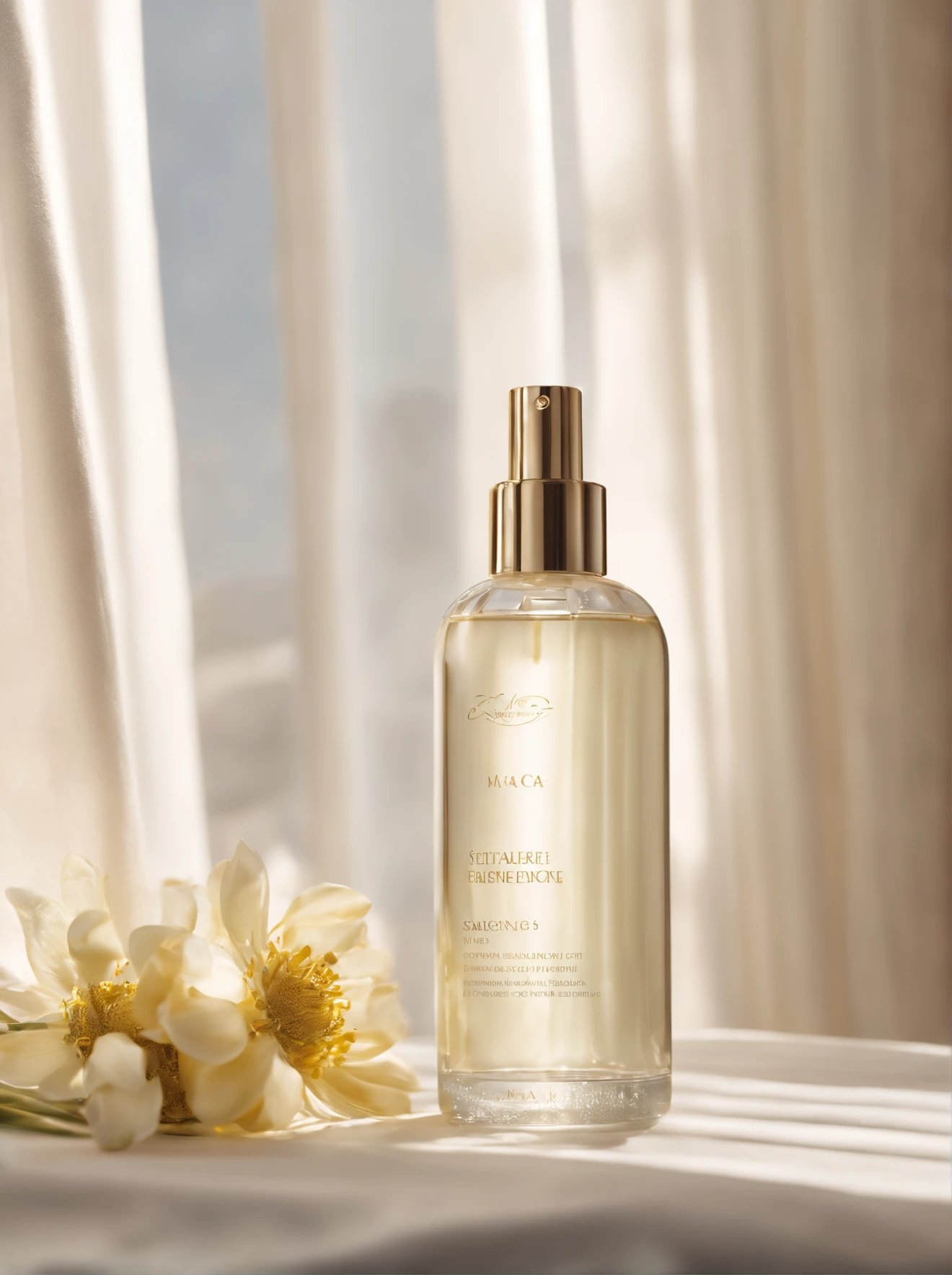 fotografia do produto, Realism, Renderings, A bottle of skincare essence water, Sunlight shines in from the left, The whole scene is shrouded in soft and bright light and shadow, Soft natural light diffuses through the transparent white curtains, Cast soft shadows and highlights, Accentuate fresh tones, Max 3D,C4DUE5, Coronal rendering, Redshift,Octane rendering