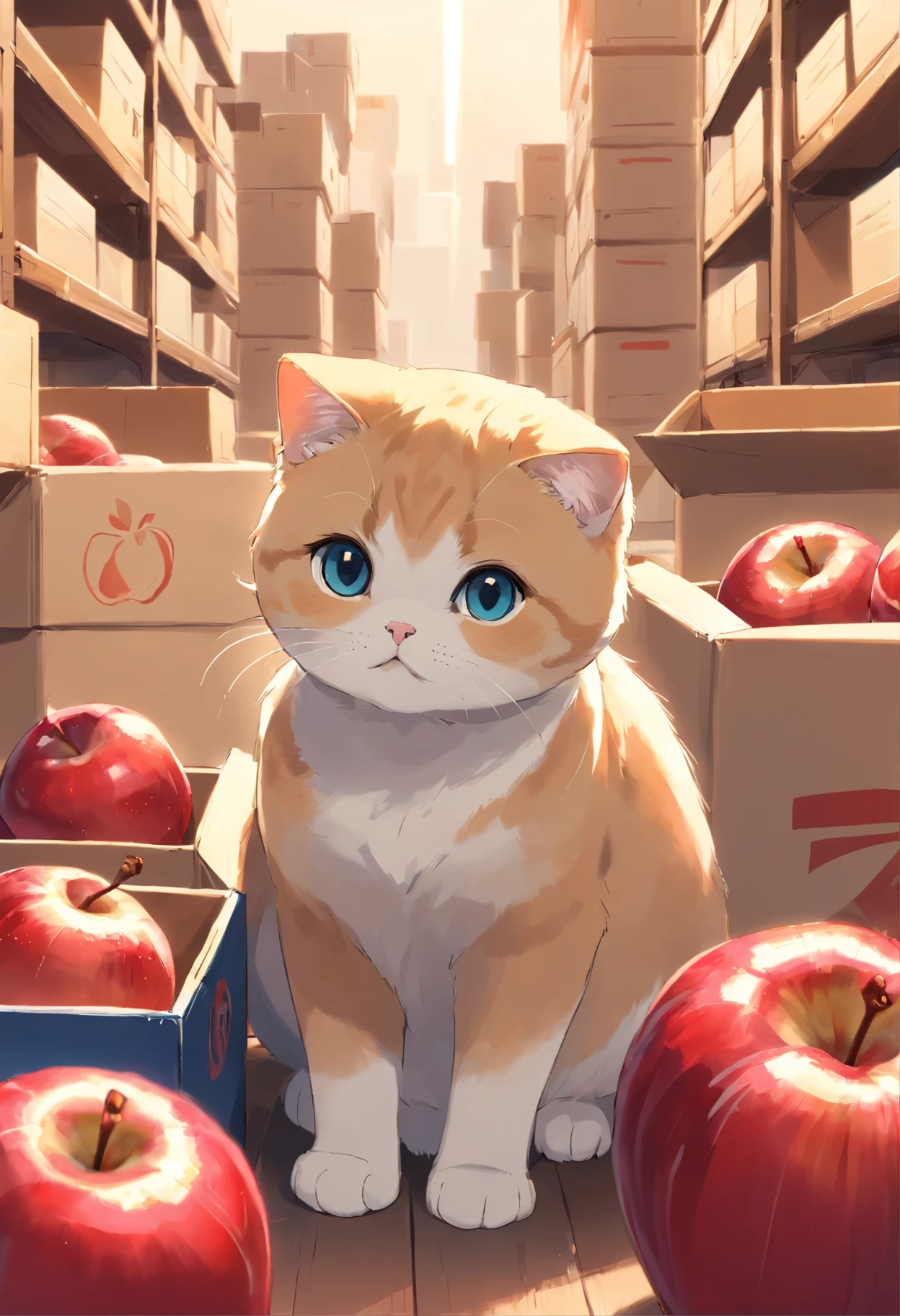 A Scottish Fold cat, Sit among boxes of red apples..