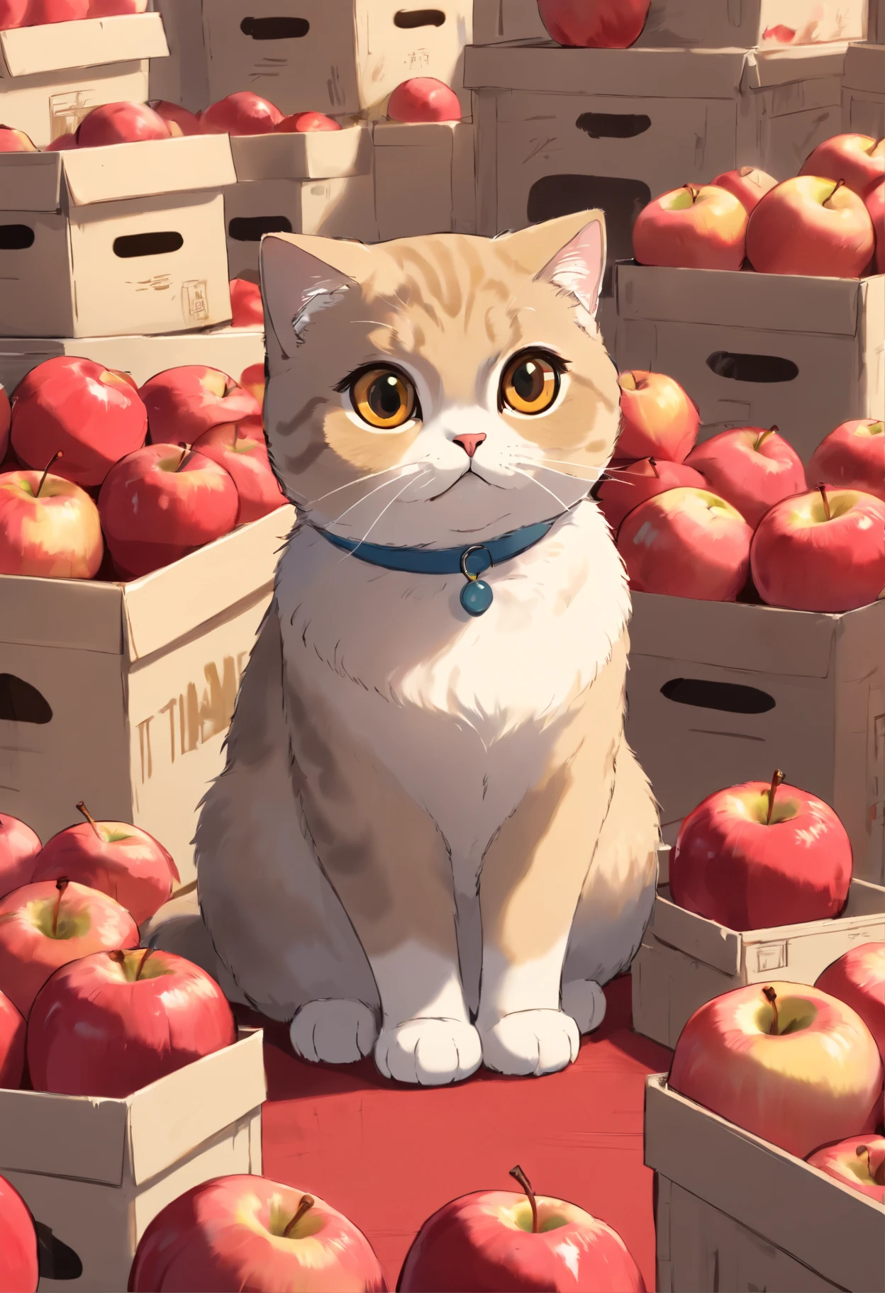 A Scottish Fold cat, Sit among boxes of red apples..