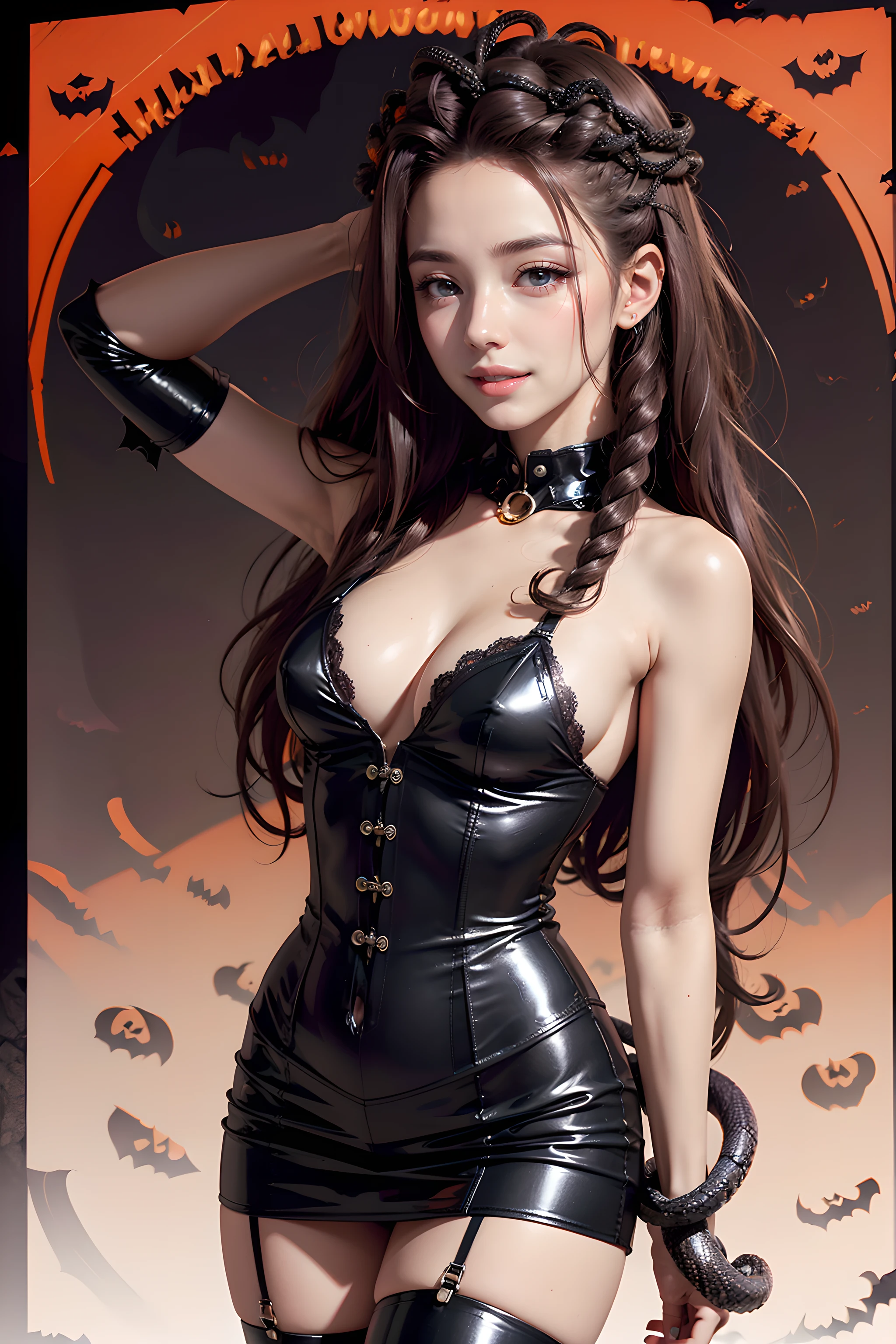 (Halloween theme:1.2), (fantasy:1.2), (dark theme:1.2), (film noir:1.3), monster girls, long hair, snakes, gorgon, snake hair, BREAK, Beautiful illustration, top-quality, (cute Russian medusa girl, white people:1.3, Caucasian:1.3), having medusa features, (medusa:1.5), BREAK, (medusa hair:1.5), (snake hair:1.3), (hair is composed of countless small snakes:1.3), (blue eyes, pale skin:1.1), (beautiful, 20 years old:1.5), slim, slender, (small-medium breasts), clean face:1.3, BREAK, (black elegant full lacy dress), (latex corset), (black latex stockings), (knee-high-over-boots, pin-hells), (insanely detailed clothes), BREAK, arms behind back, arms up on head, blue eyess, lovely thighs、jack o'lantern, (looking straight at the viewer), (view viewer:1.3), (upper body:1.3), top angle, (((halloween background:1.5))),