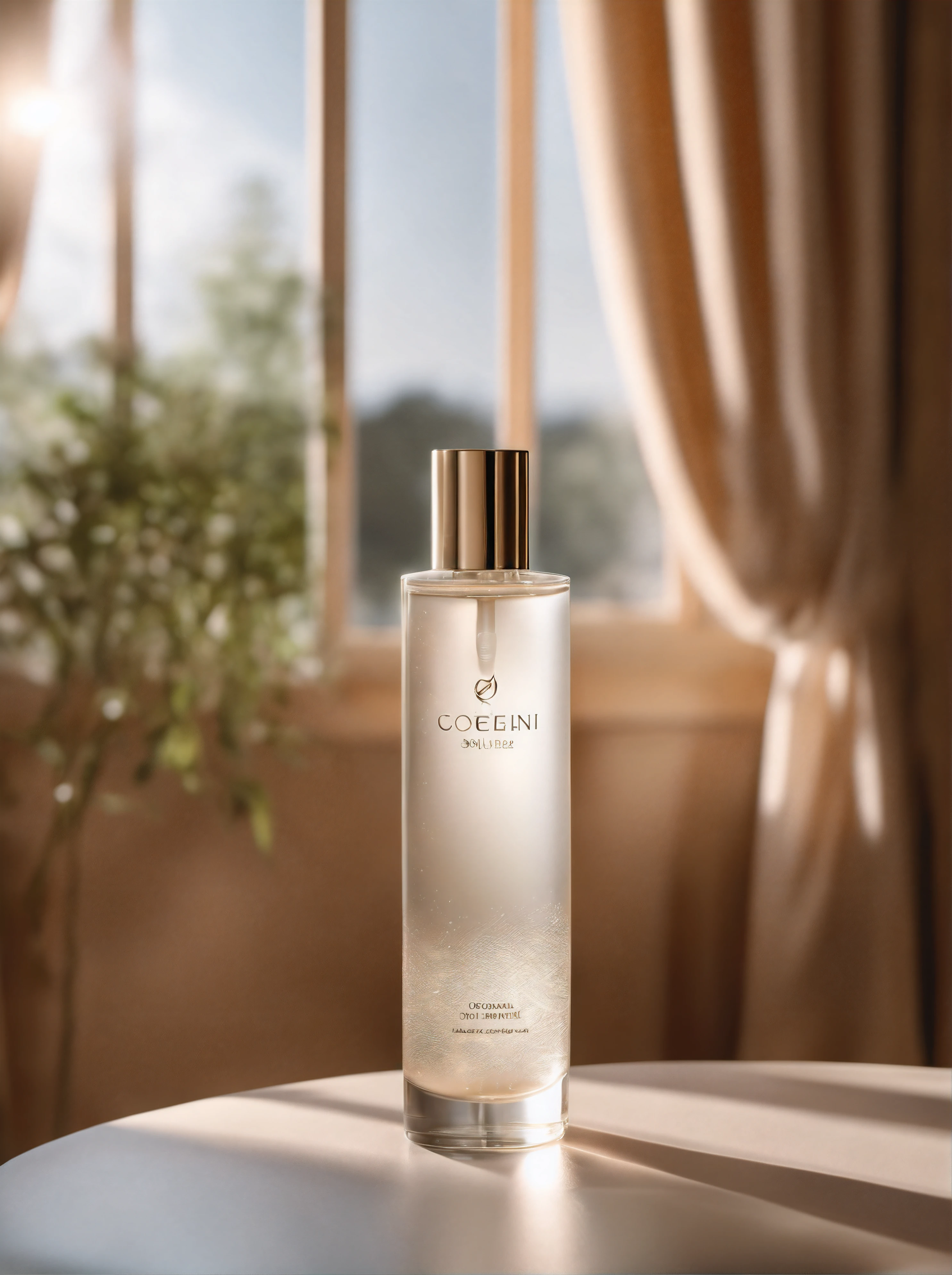 fotografia do produto, Realism, Renderings, A bottle of skincare essence water, Sunlight shines in from the left, The whole scene is shrouded in soft and bright light and shadow, Soft natural light diffuses through the transparent white curtains, Cast soft shadows and highlights, Accentuate fresh tones, Max 3D,C4DUE5, Coronal rendering, Redshift,Octane rendering