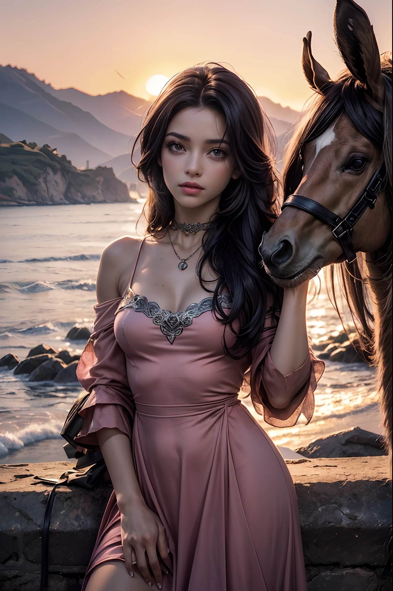 no cais de madeira, (Tampo do tanque:1.2), (Top de cabresto rosa:1.4), 1girl, Totalmente vestido, Olhando para o Viewer, (close extremo para cima, ECU, tiro de rosto completo:1.3), (rosto detalhado:1.4), (candid photograph:1.2), Colouring, Content, Relaxed, sorriso suave, (cabelo na altura dos ombros:1.3), (foundation, Corretivo, mascara, bochechas rosadas, smokey eye makeup, batom:1.3), nail polish, (Beautiful, gorgeous, Flawless complexion:1.2), grampos de cabelo, faixas de cabelo, fitas, Lip gloss, bright lips, sardas, rosa antiga, rustic brown, bege quente, azul empoeirado, azeitona desbotada, Standing, (Sunset, Twilight:1.25), fcDetailPortrait, fotografia profissional, HDR (high dynamic range), Subsurface scattering, Realistic, sombra pesada, master part, ultra realistic, high resolution, proportion Aurea, rule of thirds, intrincado, High detail, cinematic movie photograph, DSLR, (cabelo para cima no rabo de cavalo:1.3), (olhos azuis:0.8), Cabelo Moreno