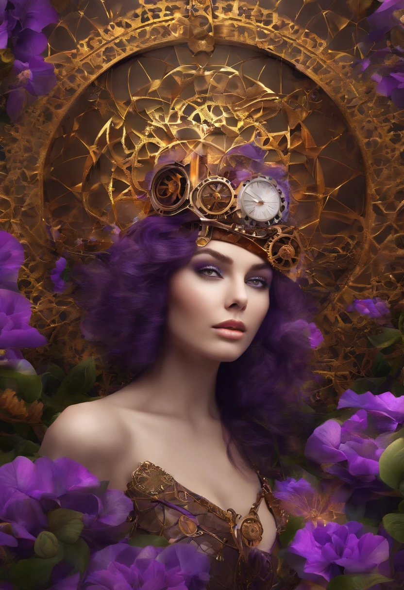 Absurd, high-res, ultra-detail, (1girll:1.3), Steampunk Fantasy Series , optical illusion, Fractal format, Geometric shapes, dynamic, brightly colored, (floral, petals), (purple & gold:1),