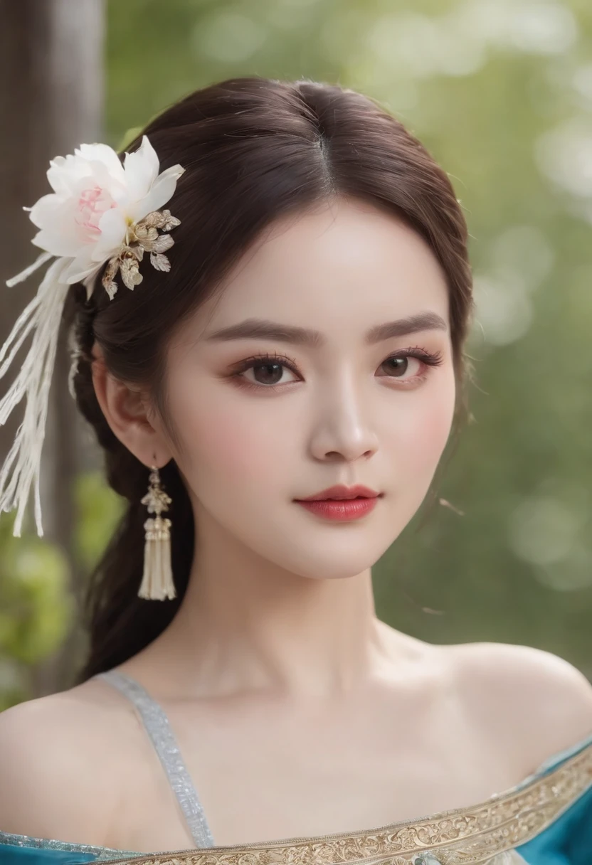 Best Quality, masutepiece,Upper body,(Background:Sonoko),1 girl, Mature Woman, Chinese style, Ancient China, Sister, dancer, dark brown hair, Dark hair, Princess Cut, Fried dough twist blade, coiled hair, Double ball head,coiled hair,Streamers, Light pink lips, Calm, Intellectual, Red Eyes, Nipple Tassel, Silver, bead,peony flower, offcial dress, capes, silk skirt, embroidery, Fine face, facial close-up, Hand close-up,Brightly colored clothing,Beautiful face,Photorealistic, Rim lighting, two tone lighting,(highdetailskin:1.2), 8K, Ultra HD, Digital SLR, Soft lighting, High quality, voluminetric lighting, photographed, High resolution, 4K, 8K, Bokeh,japanes、swim wears