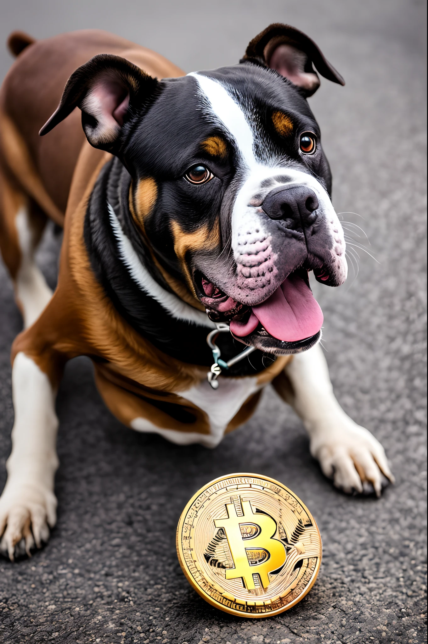 Create a Bitcoin bull dog biting Bitcoin