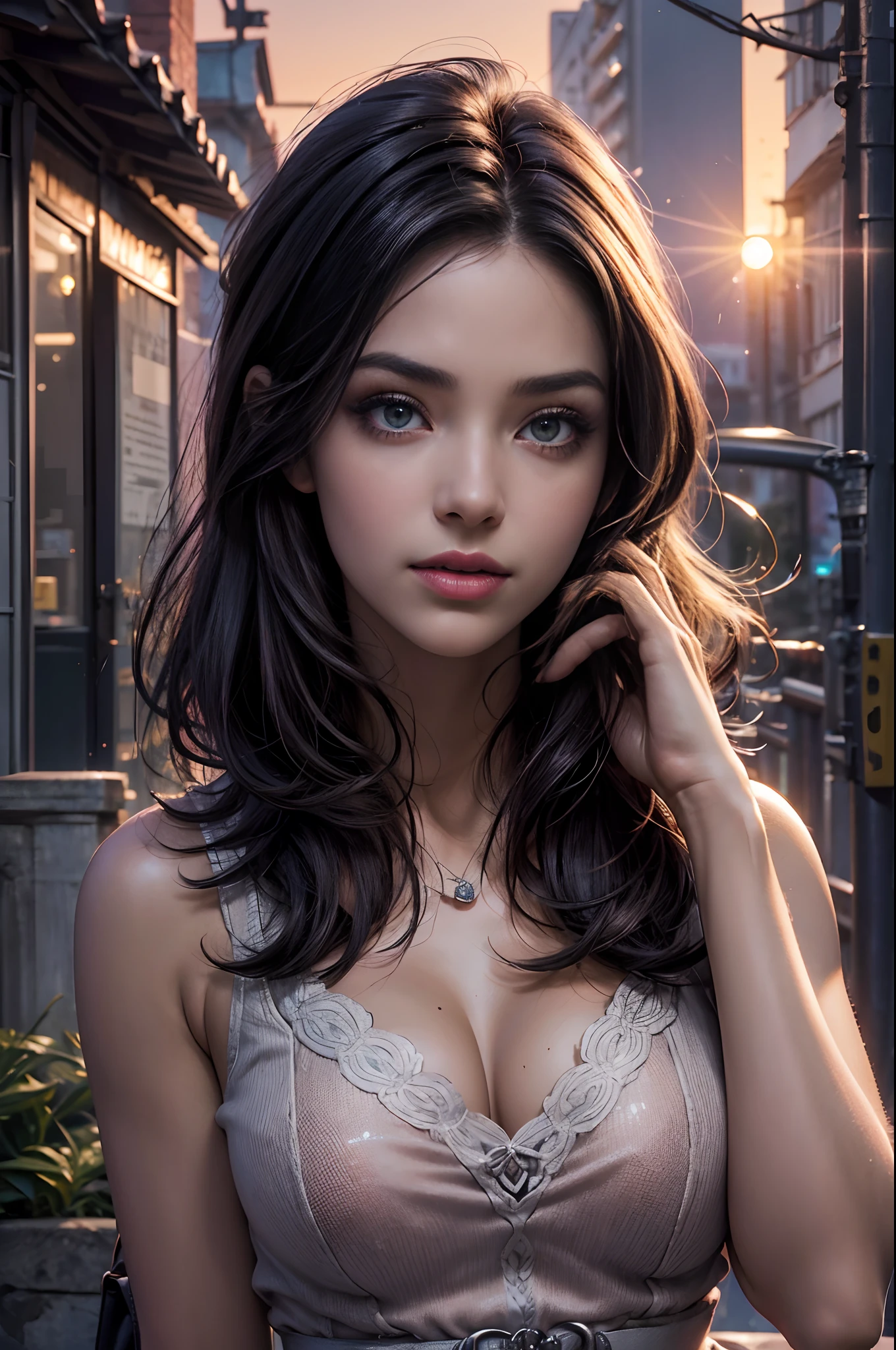 no cais de madeira, (Tampo do tanque:1.2), (Top de cabresto rosa:1.4), 1girl, Totalmente vestido, Olhando para o Viewer, (close extremo para cima, ECU, tiro de rosto completo:1.3), (rosto detalhado:1.4), (candid photograph:1.2), Colouring, Content, Relaxed, sorriso suave, (cabelo na altura dos ombros:1.3), (foundation, Corretivo, mascara, bochechas rosadas, smokey eye makeup, batom:1.3), nail polish, (Beautiful, gorgeous, Flawless complexion:1.2), grampos de cabelo, faixas de cabelo, fitas, Lip gloss, bright lips, sardas, rosa antiga, rustic brown, bege quente, azul empoeirado, azeitona desbotada, Standing, (Sunset, Twilight:1.25), fcDetailPortrait, fotografia profissional, HDR (high dynamic range), Subsurface scattering, Realistic, sombra pesada, master part, ultra realistic, high resolution, proportion Aurea, rule of thirds, intrincado, High detail, cinematic movie photograph, DSLR, (cabelo para cima no rabo de cavalo:1.3), (olhos azuis:0.8), Cabelo Moreno