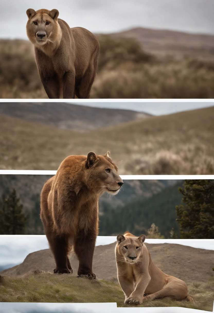Bear standing in front facing forward growling.With a mountain lion facing forward, on the right of the bear. With a donkey standing facing forward, on the left of the bear. With a mountain ram facing forward, on the left of the donkey. With a cougar facing forward standing on the right of the mountain lion.
