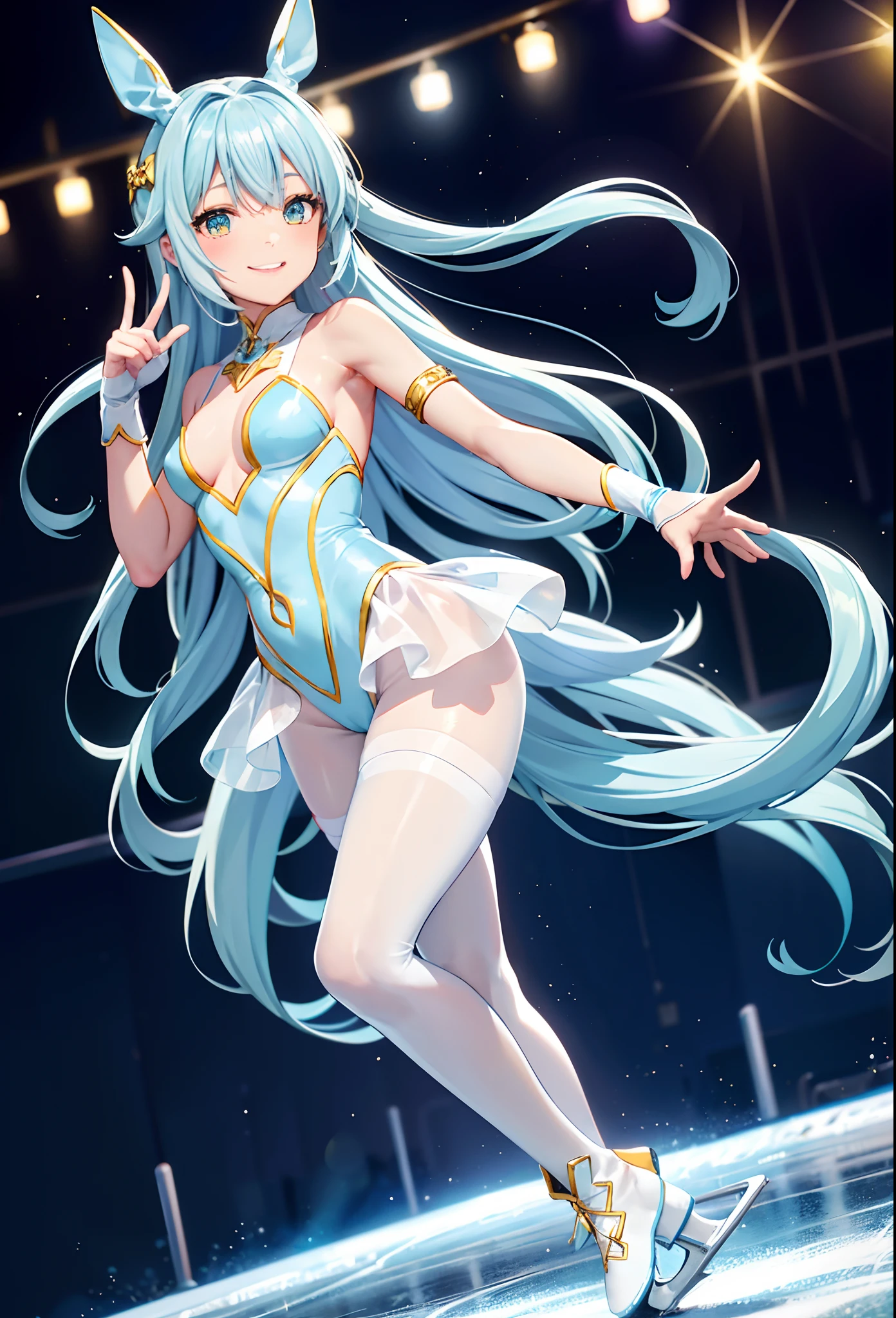 top-quality、Full limbs、complete fingers、One beautiful woman、Medium chest、adorable smiling、Twin-tailed、Light blue long hair、White and yellow figure skating leotard、Flesh-colored pantyhose、adorable smiling、Ice rink、Packed figure skating arena(a picture)、7 colors of lighting illuminate the skaters