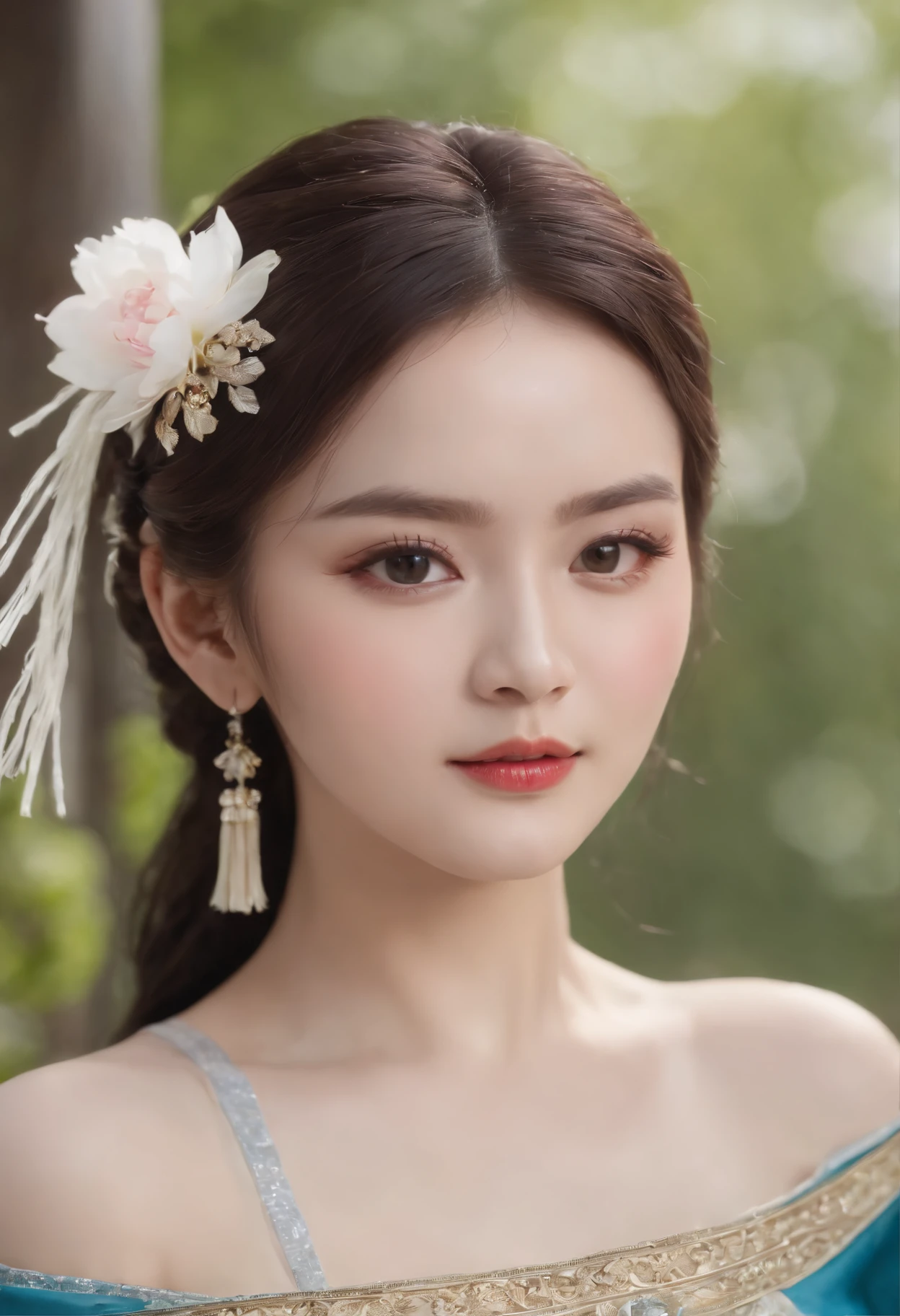 Best Quality, masutepiece,Upper body,(Background:Sonoko),1 girl, Mature Woman, Chinese style, Ancient China, Sister, dancer, dark brown hair, Dark hair, Princess Cut, Fried dough twist blade, coiled hair, Double ball head,coiled hair,Streamers, Light pink lips, Calm, Intellectual, Red Eyes, Nipple Tassel, Silver, bead,peony flower, offcial dress, capes, silk skirt, embroidery, Fine face, facial close-up, Hand close-up,Brightly colored clothing,Beautiful face,Photorealistic, Rim lighting, two tone lighting,(highdetailskin:1.2), 8K, Ultra HD, Digital SLR, Soft lighting, High quality, voluminetric lighting, photographed, High resolution, 4K, 8K, Bokeh,japanes、swim wears