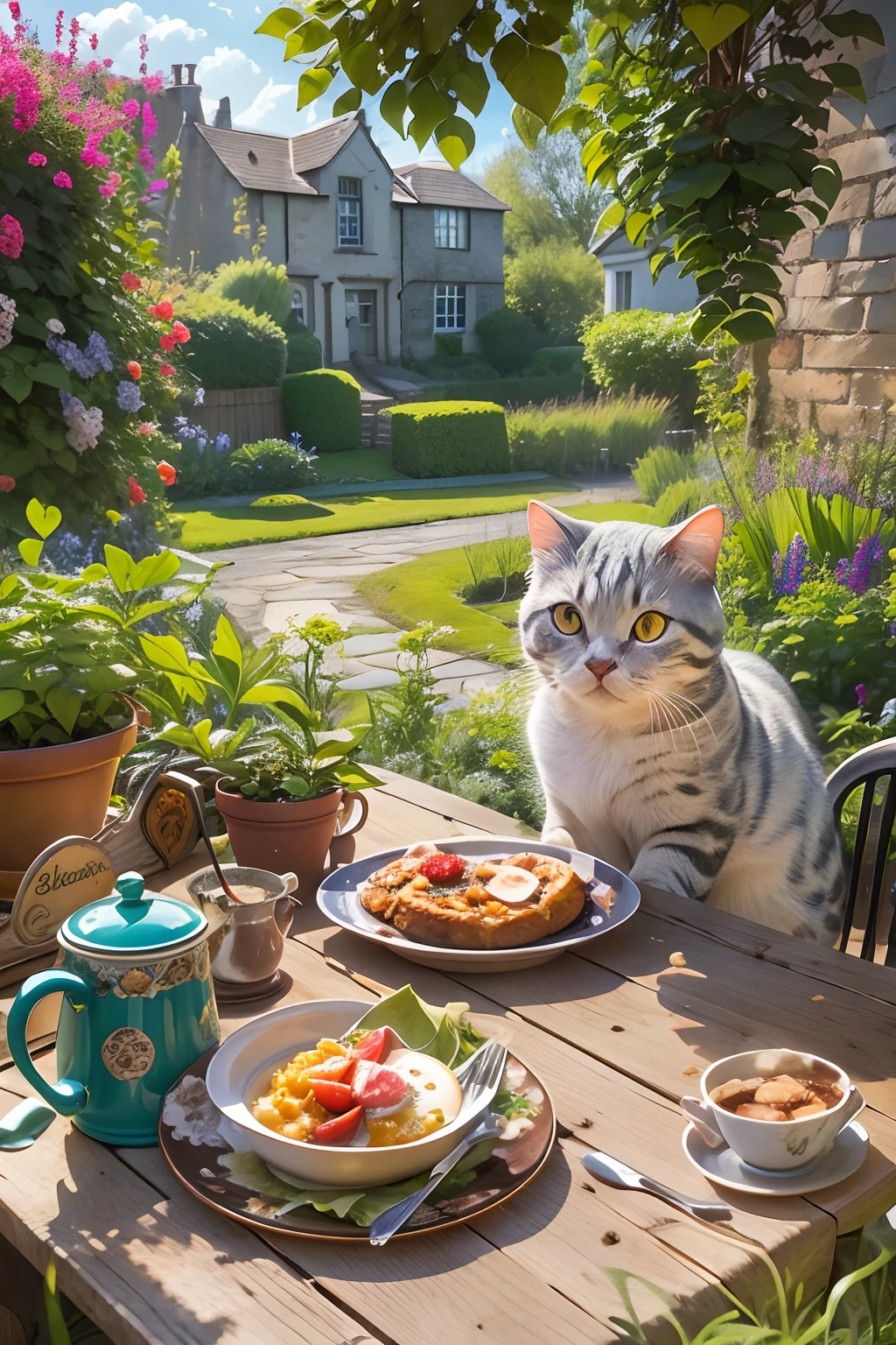 A Scottish Fold cat, eating breakfast, trpical garden, Distant houses. Blue sky.