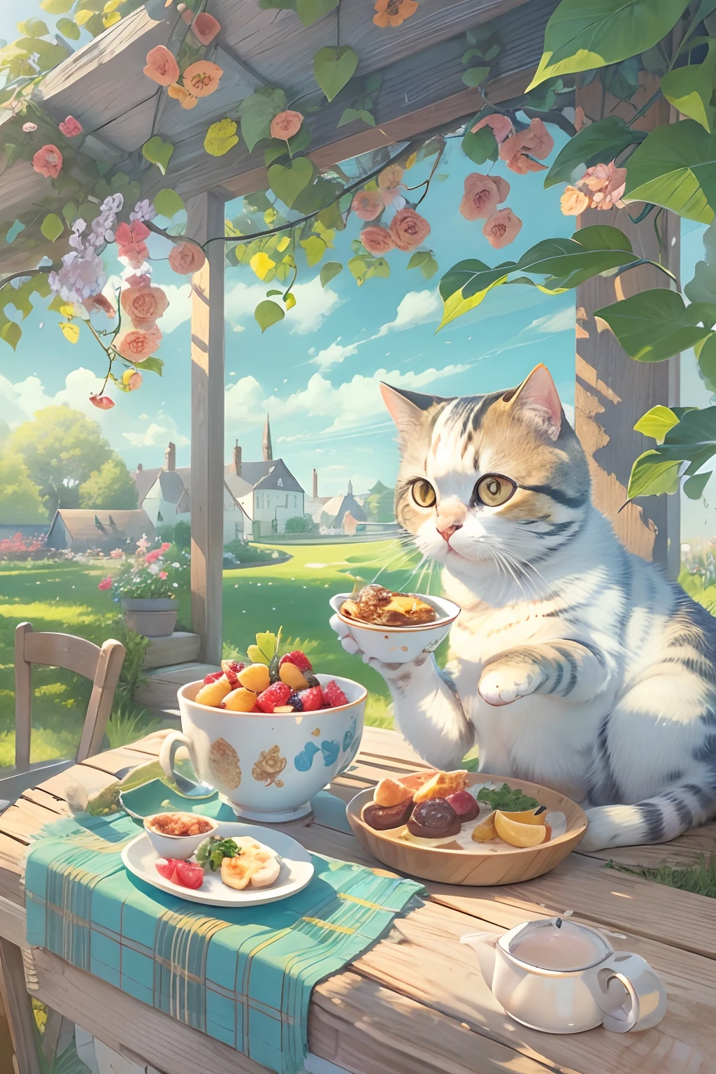 A Scottish Fold cat, eating breakfast, trpical garden, Distant houses. Blue sky.