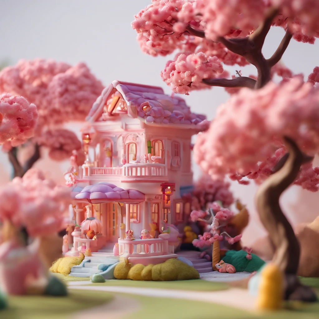 Sakura House Gloria Studio, The garden is full of cherry trees, Clay material, Cartoon design style, POP MART, Soft lighting, smooth lines, Tilt-shift lens, Detailed science fiction illustration, super realistic details, warm color