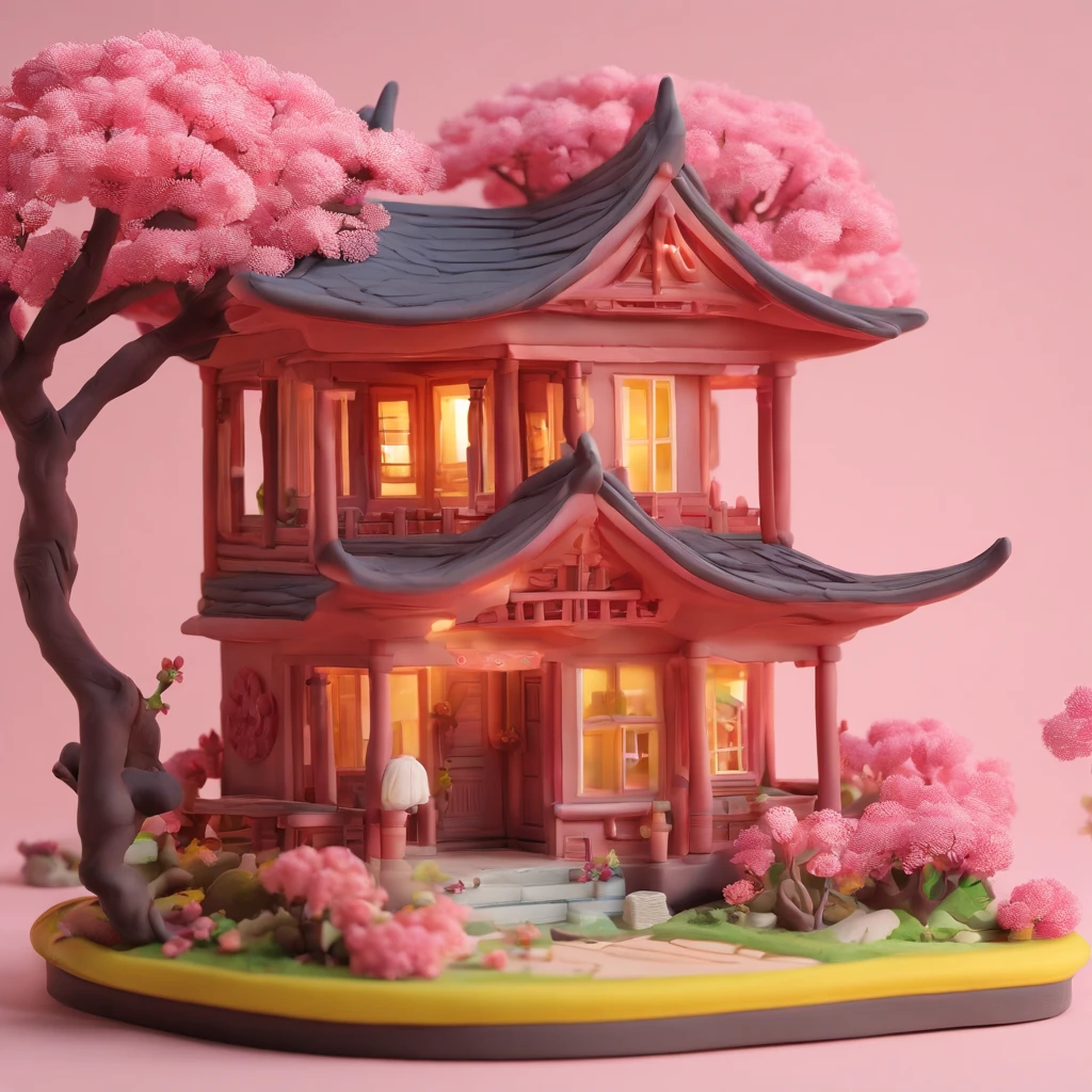 Sakura House Gloria Studio, The garden is full of cherry trees, Clay material, Cartoon design style, POP MART, Soft lighting, smooth lines, Tilt-shift lens, Detailed science fiction illustration, super realistic details, warm color