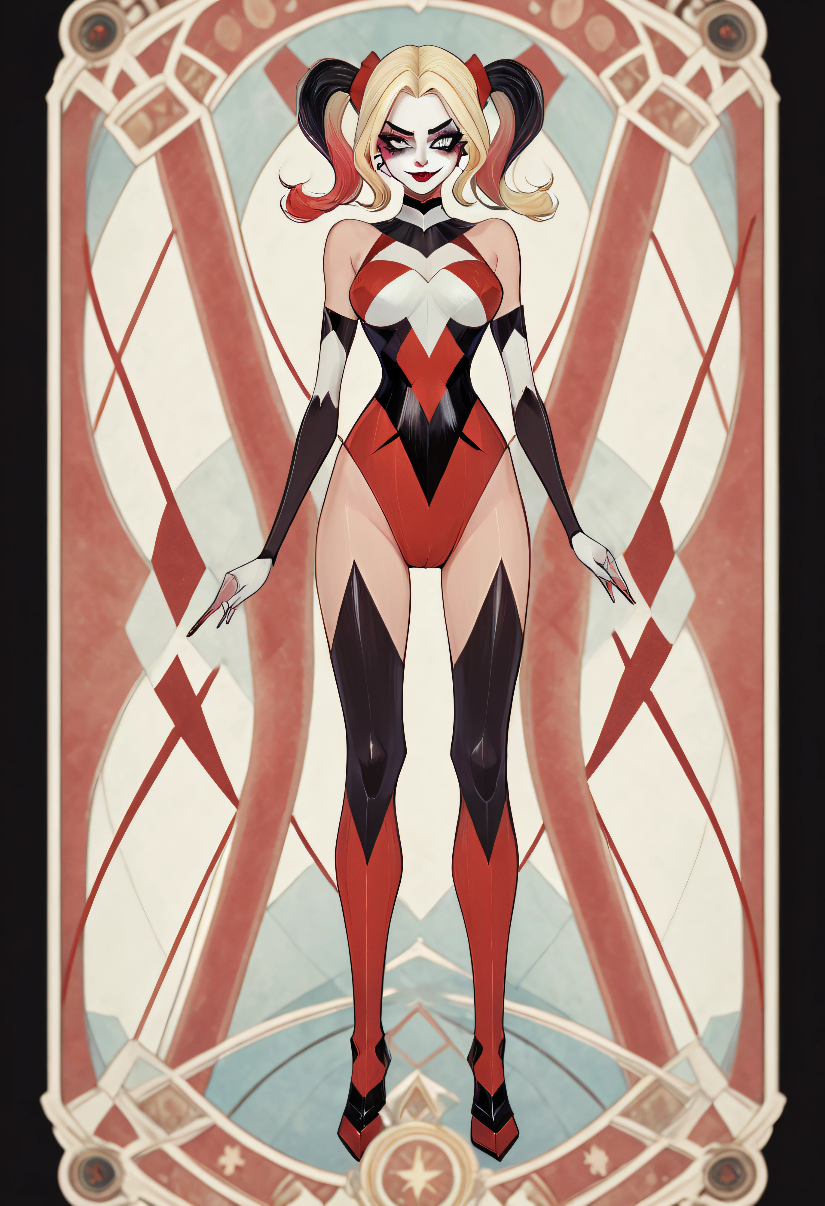 1 Harley Quinn, Full body standing painting, (((独奏))), Clear facial features, Simple line design, ((tarot card background, symmetric beauty)), perfectly symmetrical, The art of symmetry, Standing drawings of characters, ((flatcolors)), tmasterpiece，top Quority，best qualtiy，超高分辨率, ((Clear facial features，beautidful eyes，beauitful face, Exquisite facial features))